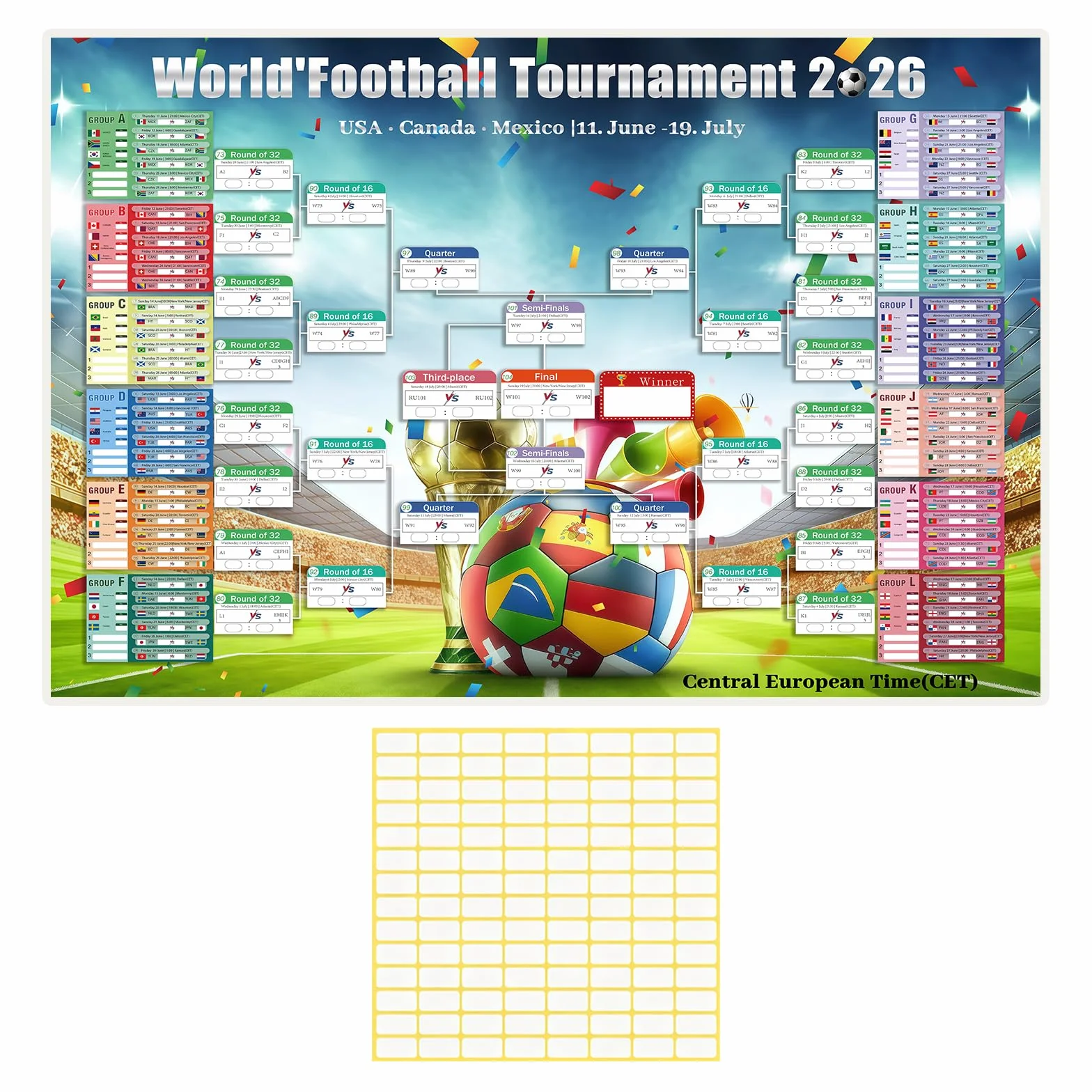 Poster Calendrier Coupe du Monde 2026 95x75 cm Affiche Football Match Decoration