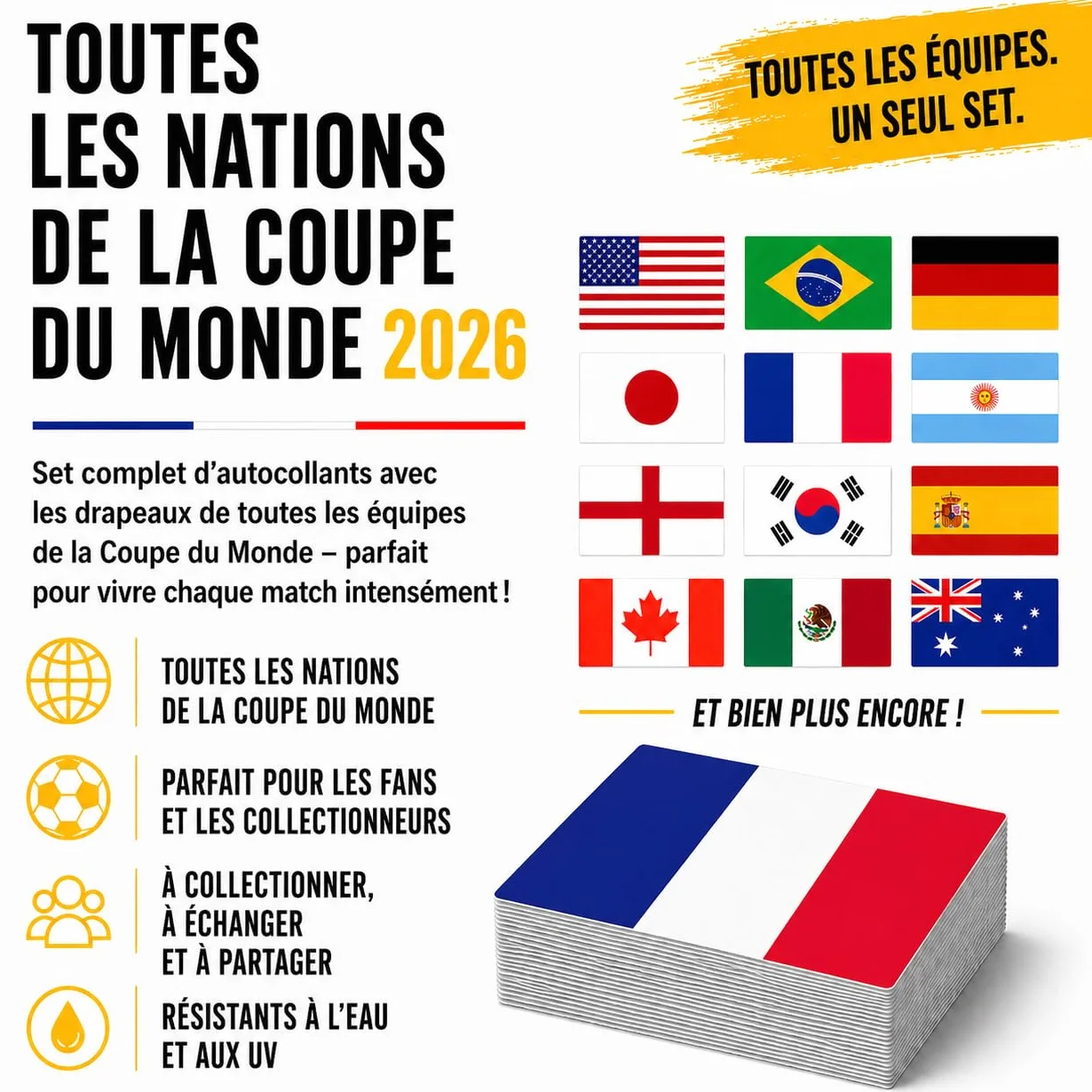 Set d'autocollants Coupe du Monde 2026 – 240 stickers – Drapeaux de toutes les équipes – résistants à l'eau & aux UV
