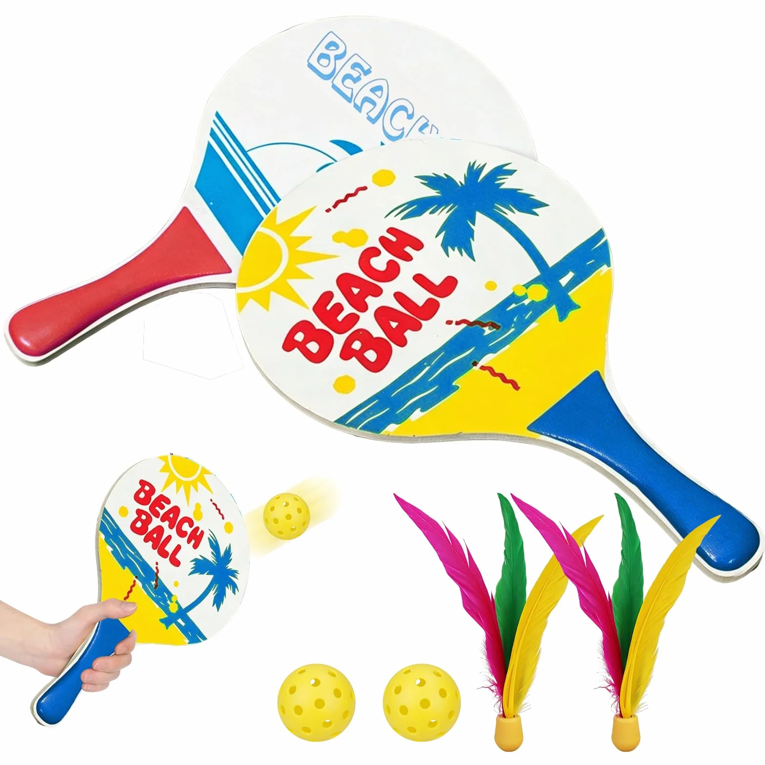 Set de Beachball Raquettes de Plage en Bois 2 Raquettes 2 Peak Ball 2 Volants