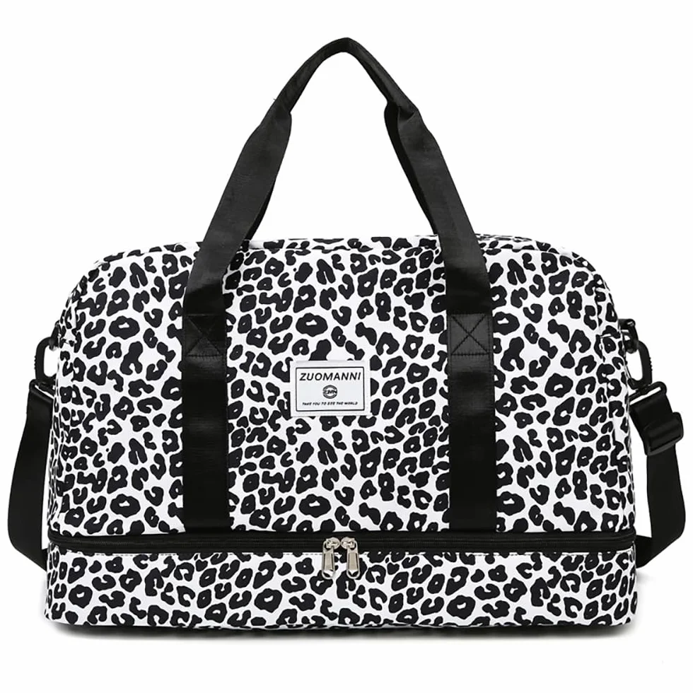 Sac de Sport Femme Grand 42.43L Compartiment Chaussures Poche Humide Voyage Léopard Imperméable Noir