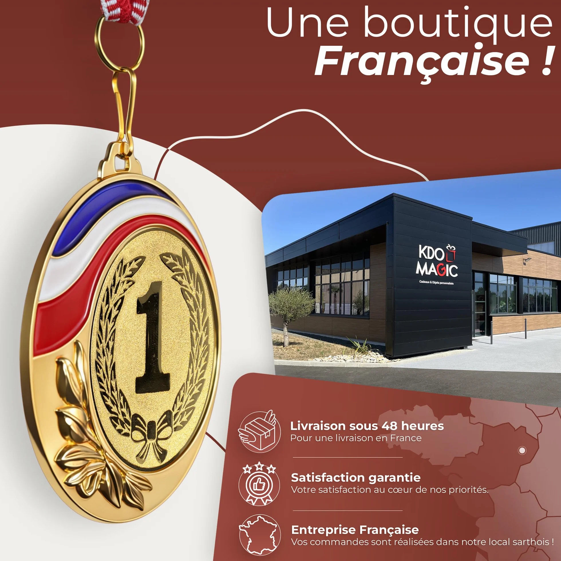 Médaille personnalisée or gravée 7 cm ruban France récompense sport concours