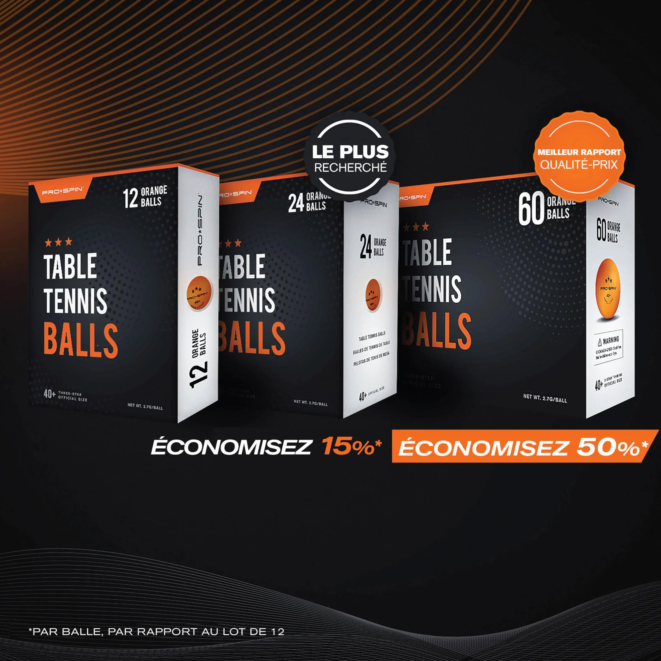 PRO-SPIN Balles de Ping-Pong 3 Étoiles Orange 40+ ABS Lot de Balles pour Tennis de Table Intérieur Extérieur