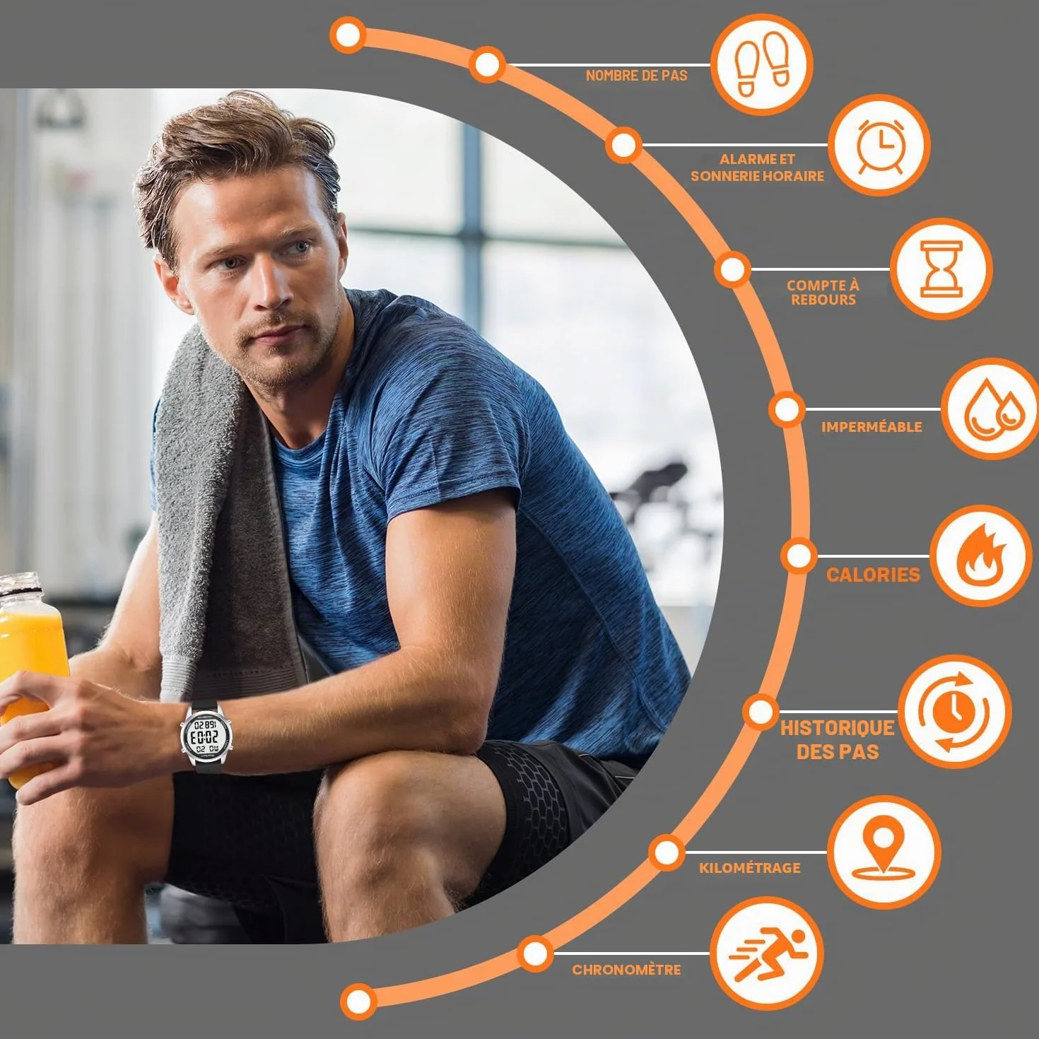 Montre podomètre grands chiffres LCD compteur pas calories sans application