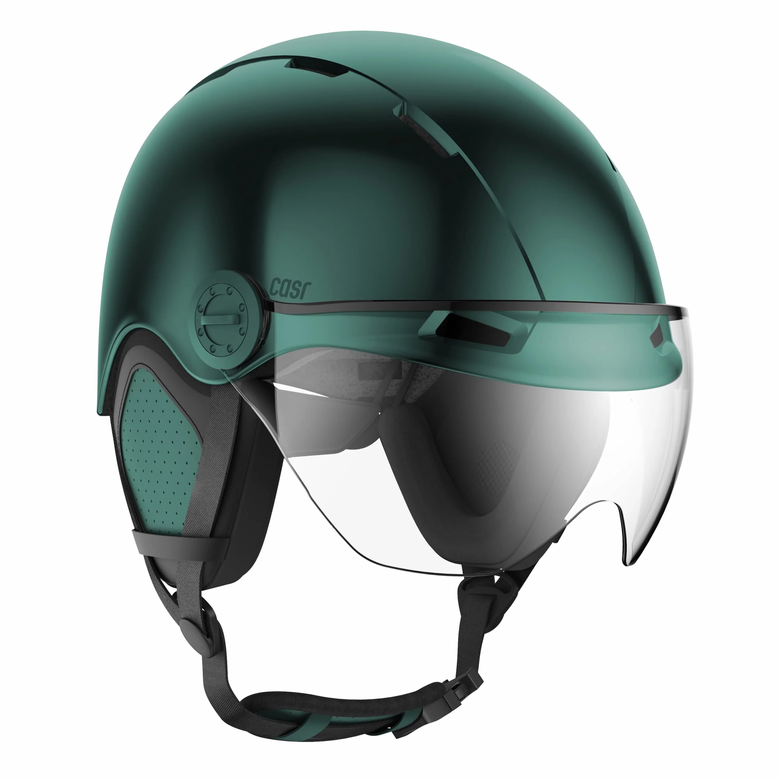 Casque Lifestyle Urbain Vélo Trottinette Electrique Visière Transparente Cache-Oreille Amovibles Vert Métallisé Taille M