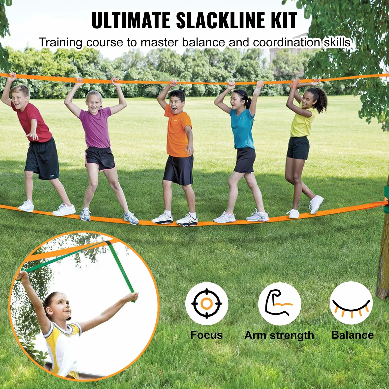 VEVOR Slackline 18,3 m Sangle d'Équilibre 226,8 kg Jeu Complet avec Protecteur d'Arbres