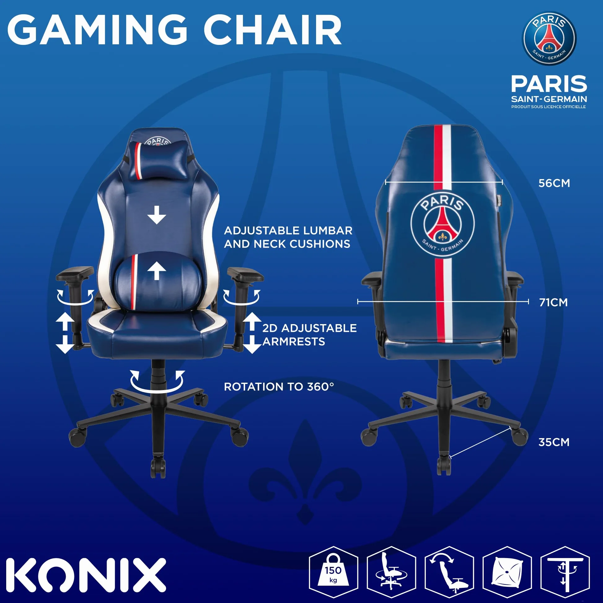 Konix PSG Chaise de Bureau Gaming Premium Inclinaison 150° Cuir Polyuréthane Coussin Lombaire Cervical Réglable Appui Tête Bleu
