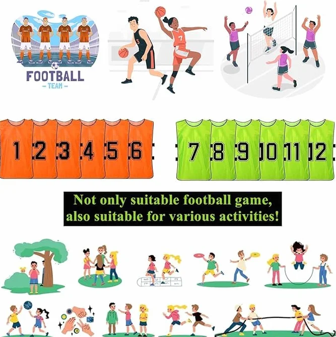Lot de 24 gilets d'entraînement de football en 2 couleurs vives, maillots numérotés 1-12 pour adultes, orange et vert