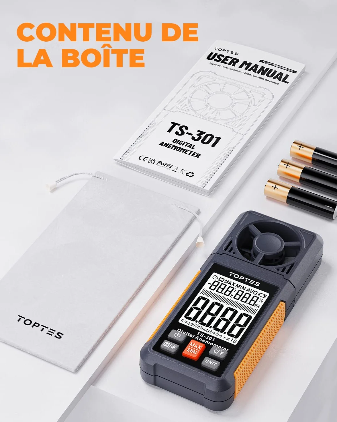 TopTes TS-301 Anémomètre numérique avec écran LCD 2,26 pouces, Débitmètre d'air pour HVAC
