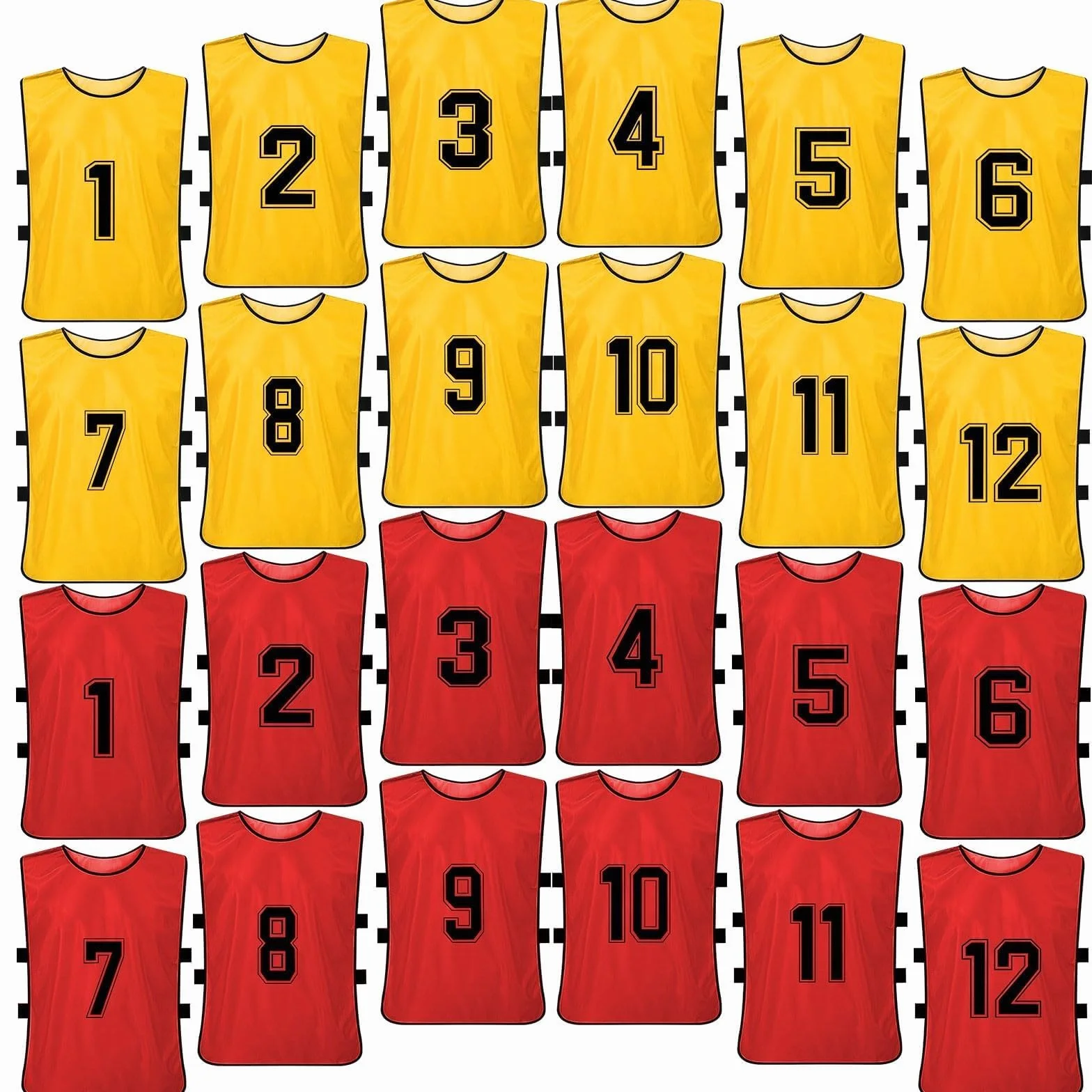 Dossards d'Entraînement Polyester Respirant pour Adultes – 24 Chasubles de Football Numérotées Réversibles Rouge & Jaune