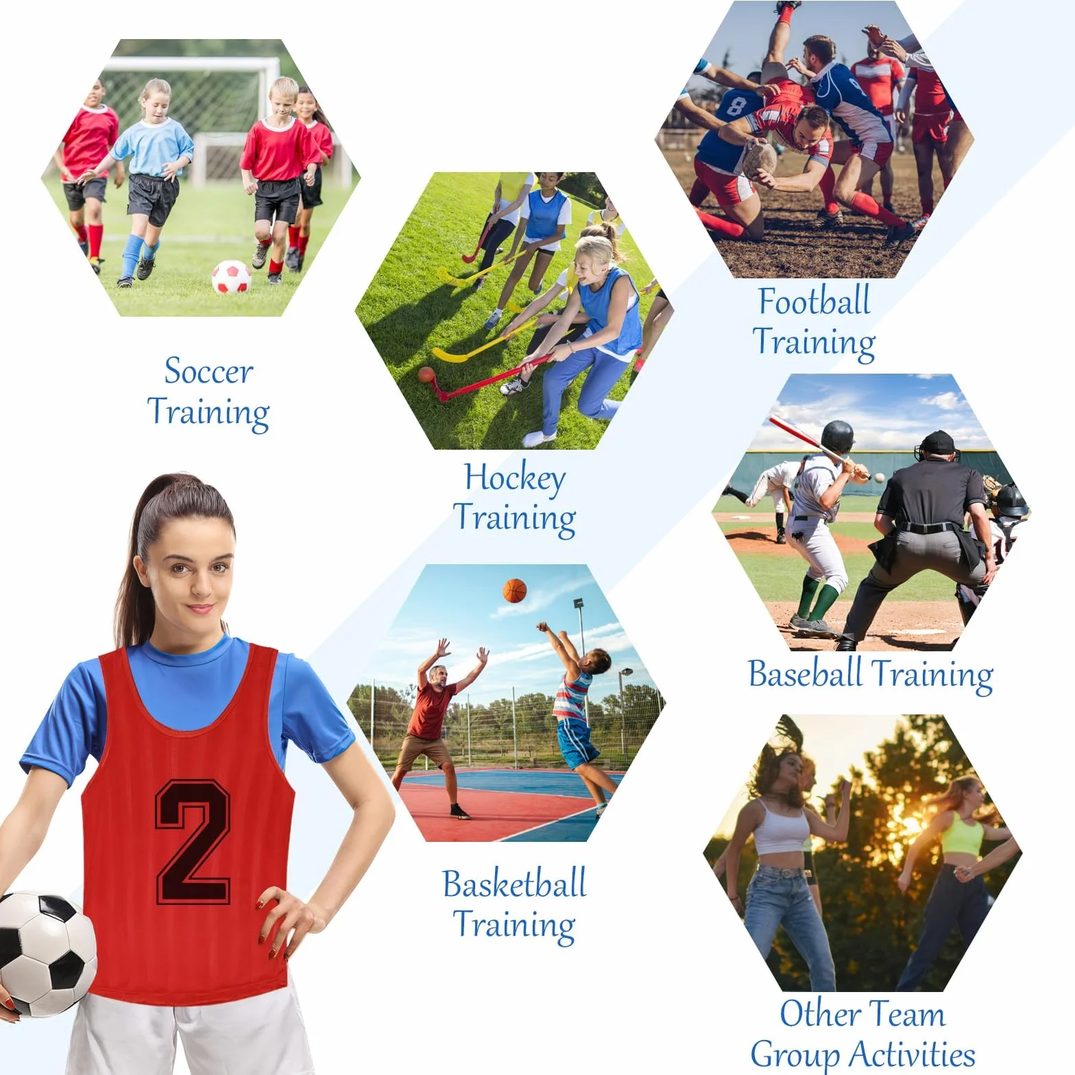 Lot de 24 dossards de football en maille pour enfants, gilet d'entraînement numéroté réversible, bleu et rouge, taille S