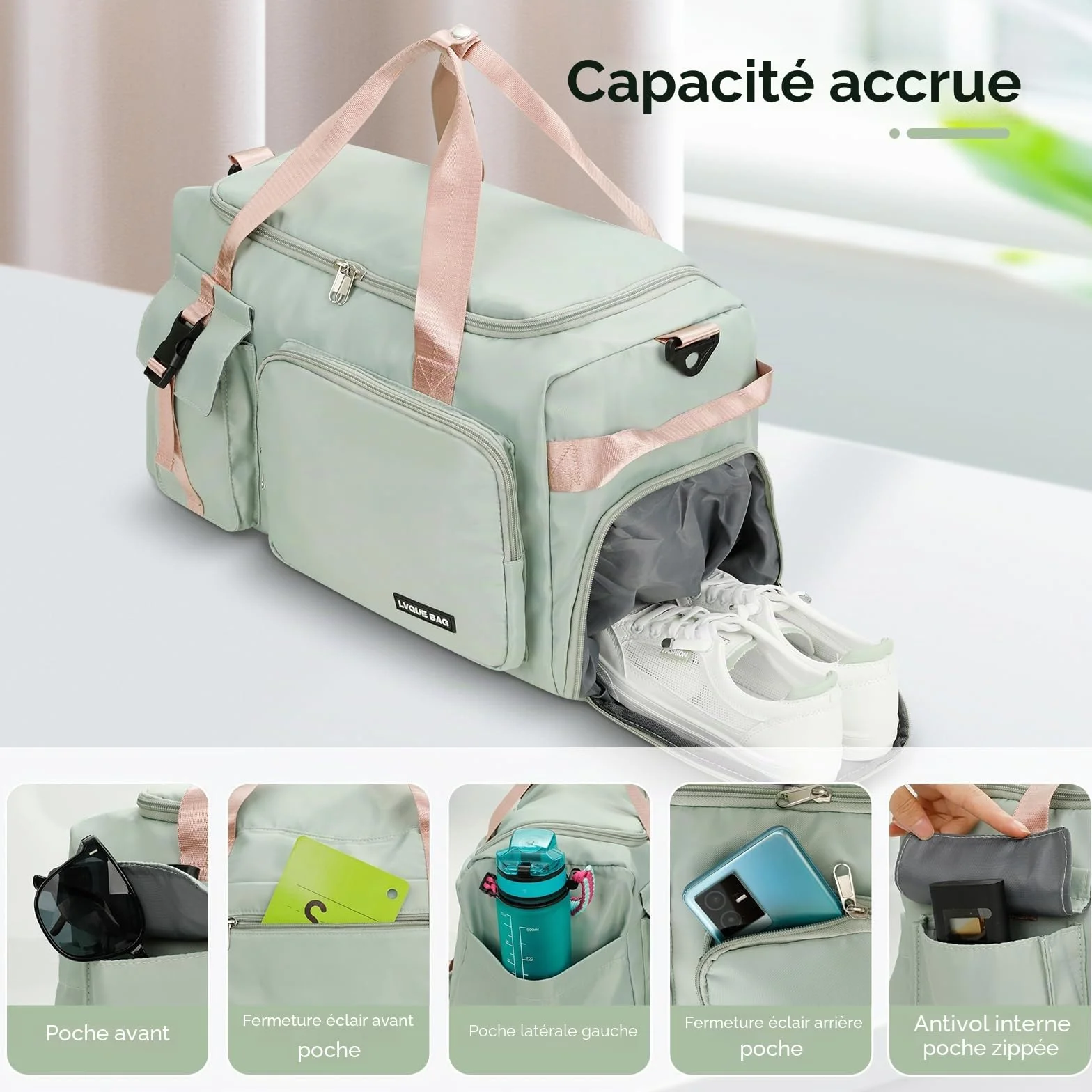 Sac de Sport Homme Femme 42L Grande Capacité Tissu Oxford Imperméable 3-en-1 Compartiments Multiples Voyage