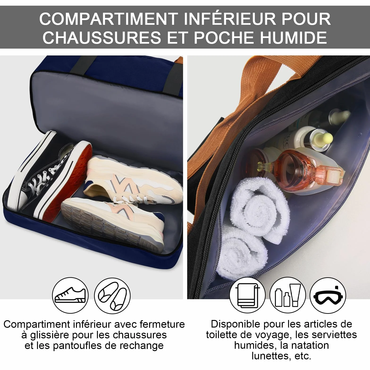 Sac de Weekend Homme Imperméable 32,2 L, Grand avec Compartiment à Chaussures Poche Humide, Bleu