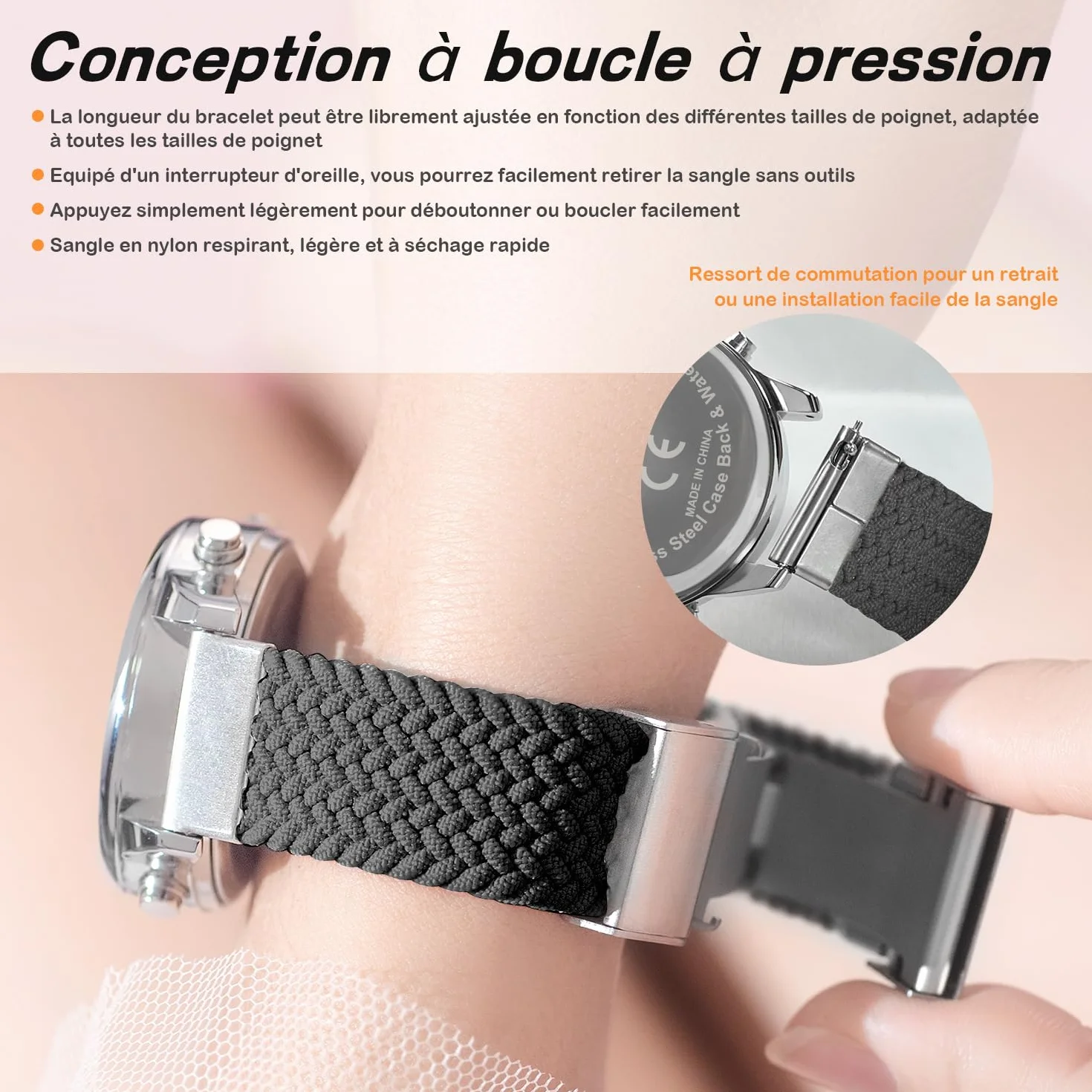 Montre podomètre Femme, Bracelet Nylon, comptage Pas Calories Distance Horloge rétroéclairage