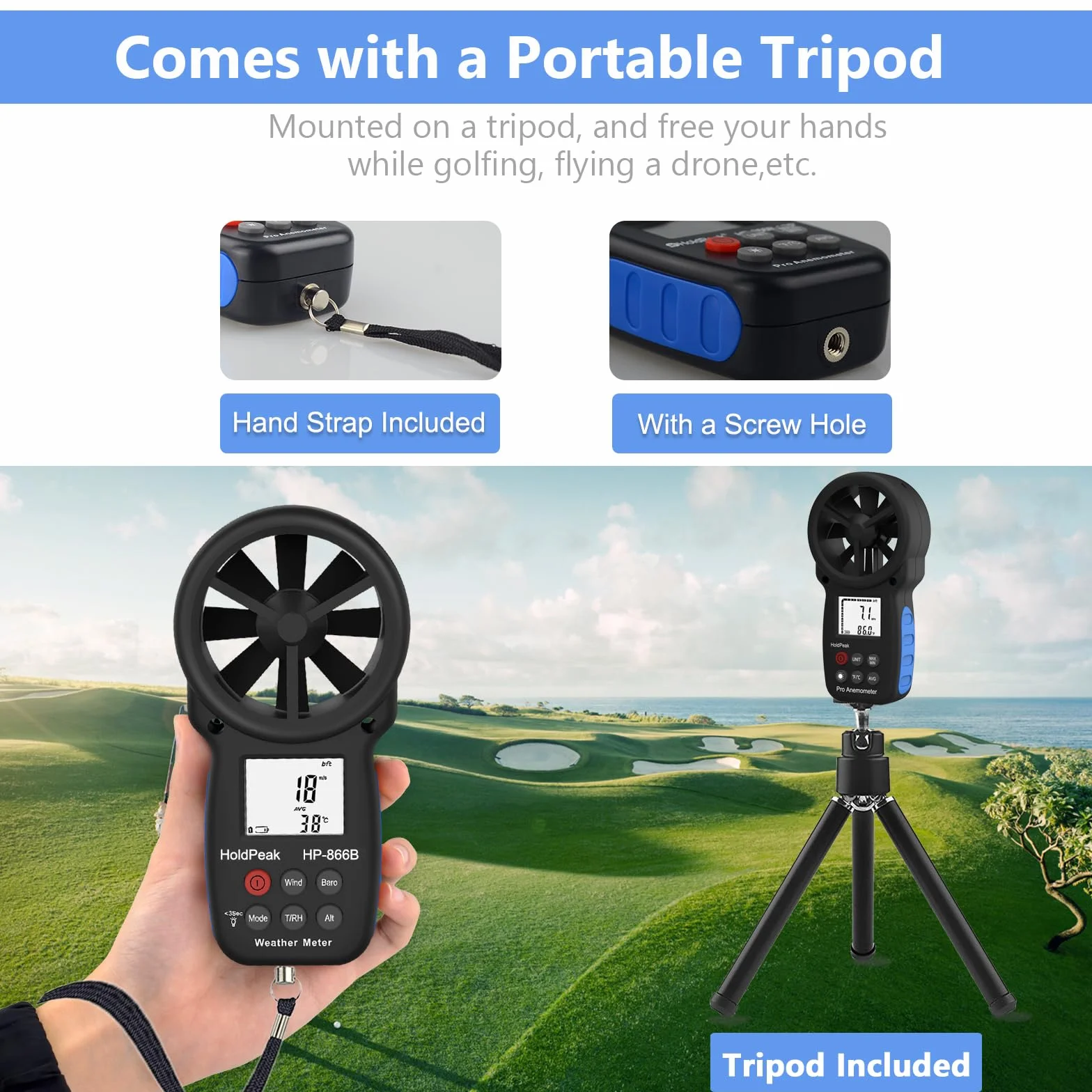HOLDPEAK Anémomètre portable compteur de vitesse du vent avec rétroéclairage max/min/moyenne