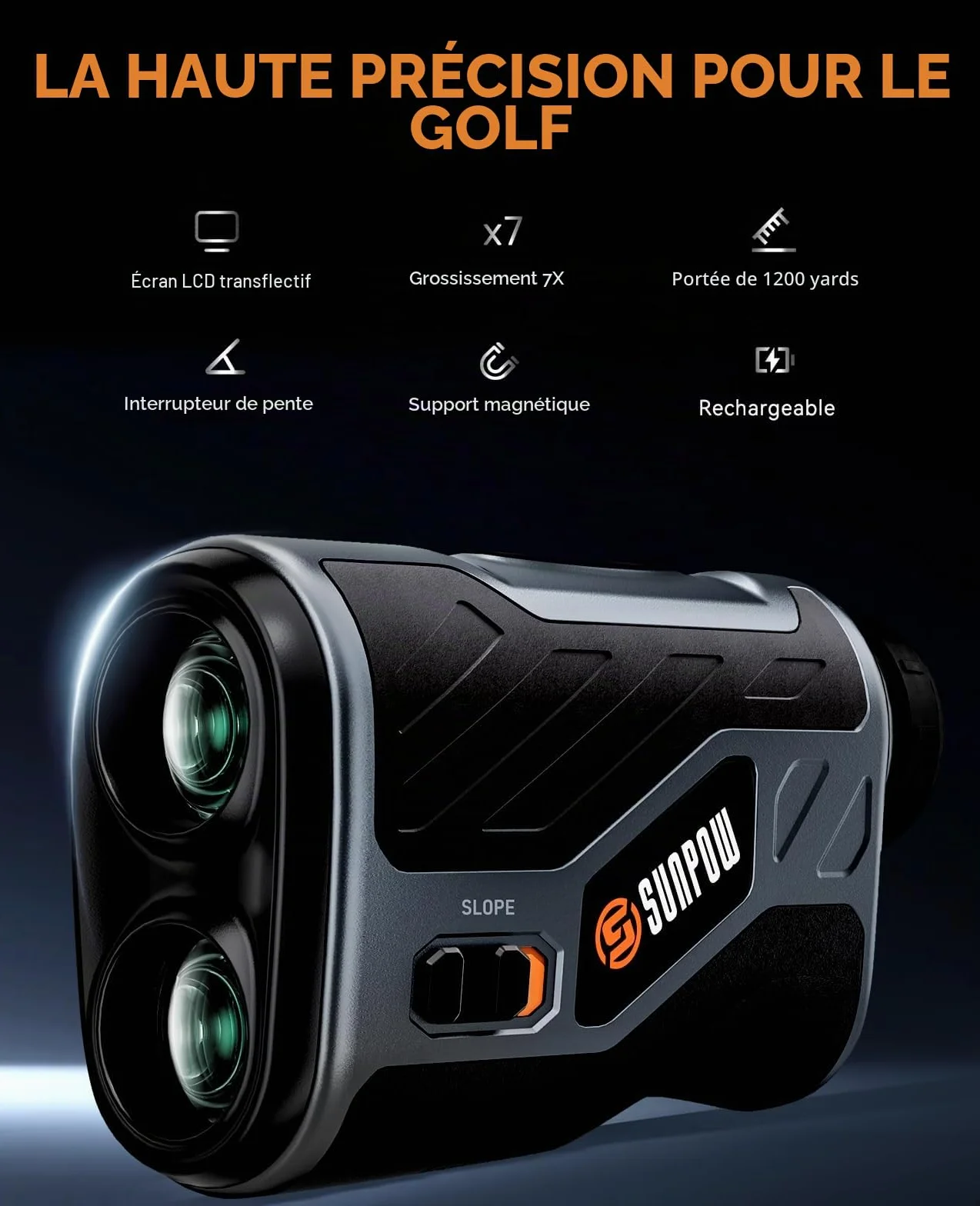 Télémètre de Golf SUNPOW 1200 Yards Laser Haute Précision Grossissement 7X Rechargeable