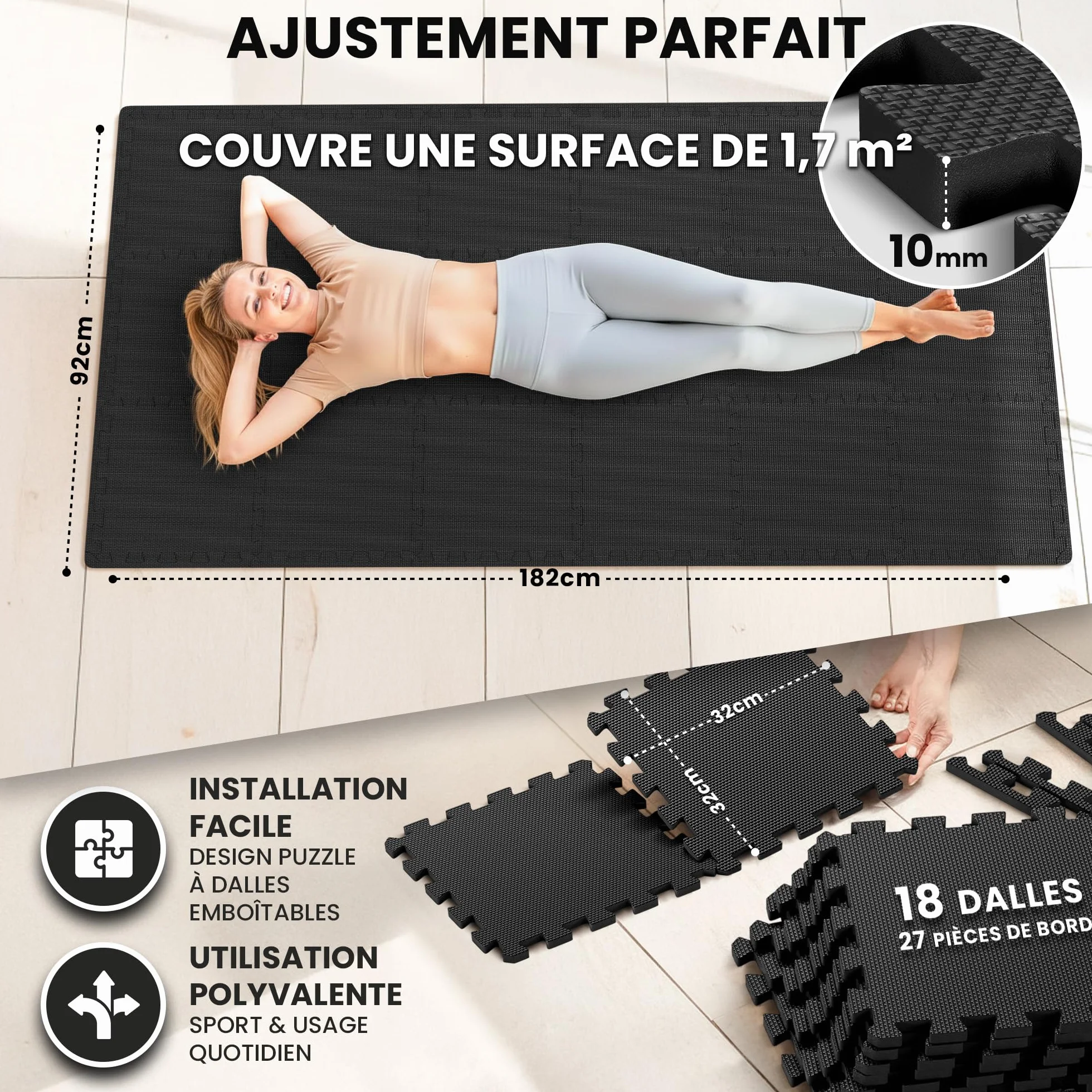 Tapis de Fitness Protection de Sol Salle de Sport Dalles Mousse sans BPA Bordures Matelas Puzzle Tatami EVA Caoutchouc