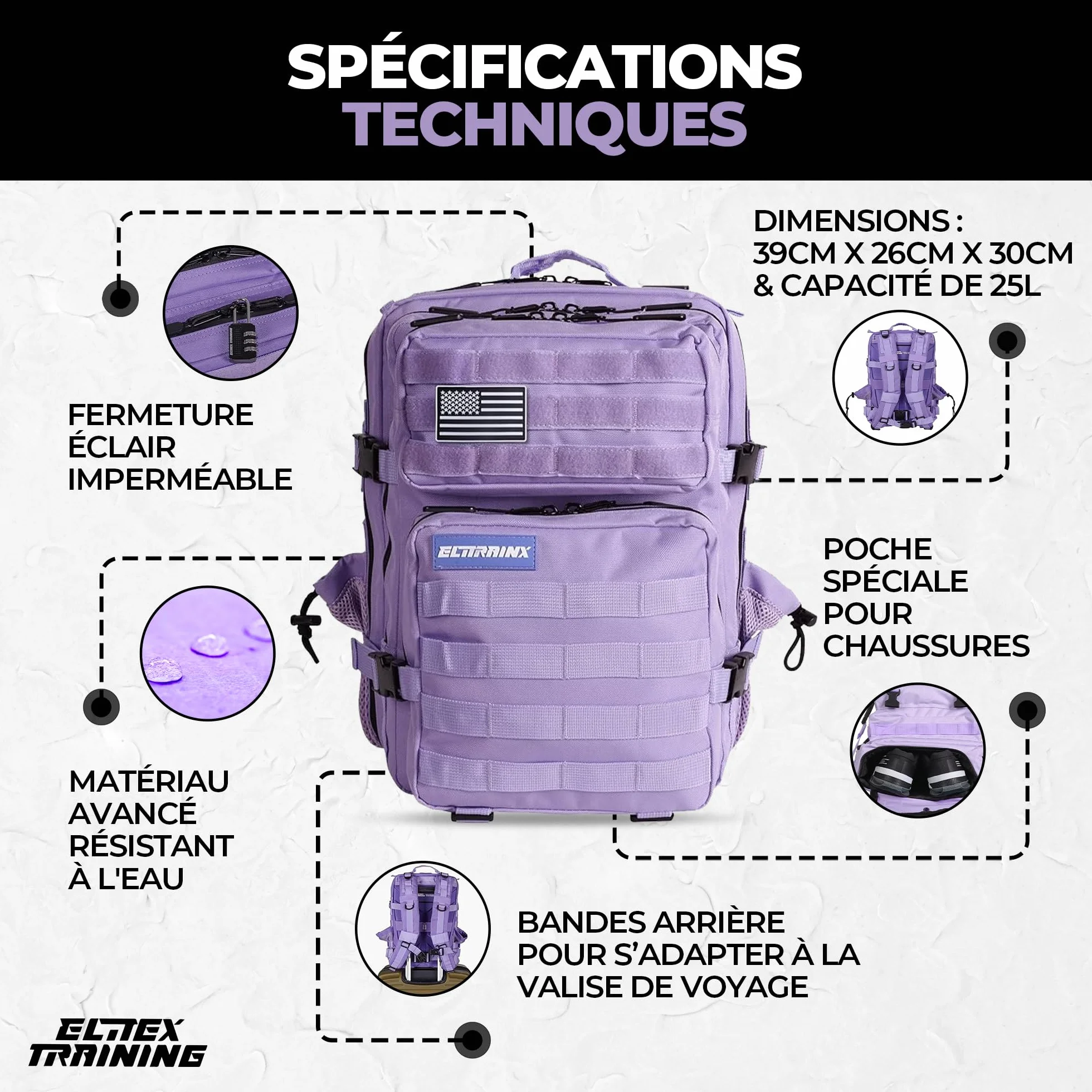 ELITRAINX Sac à dos tactique militaire imperméable 25L