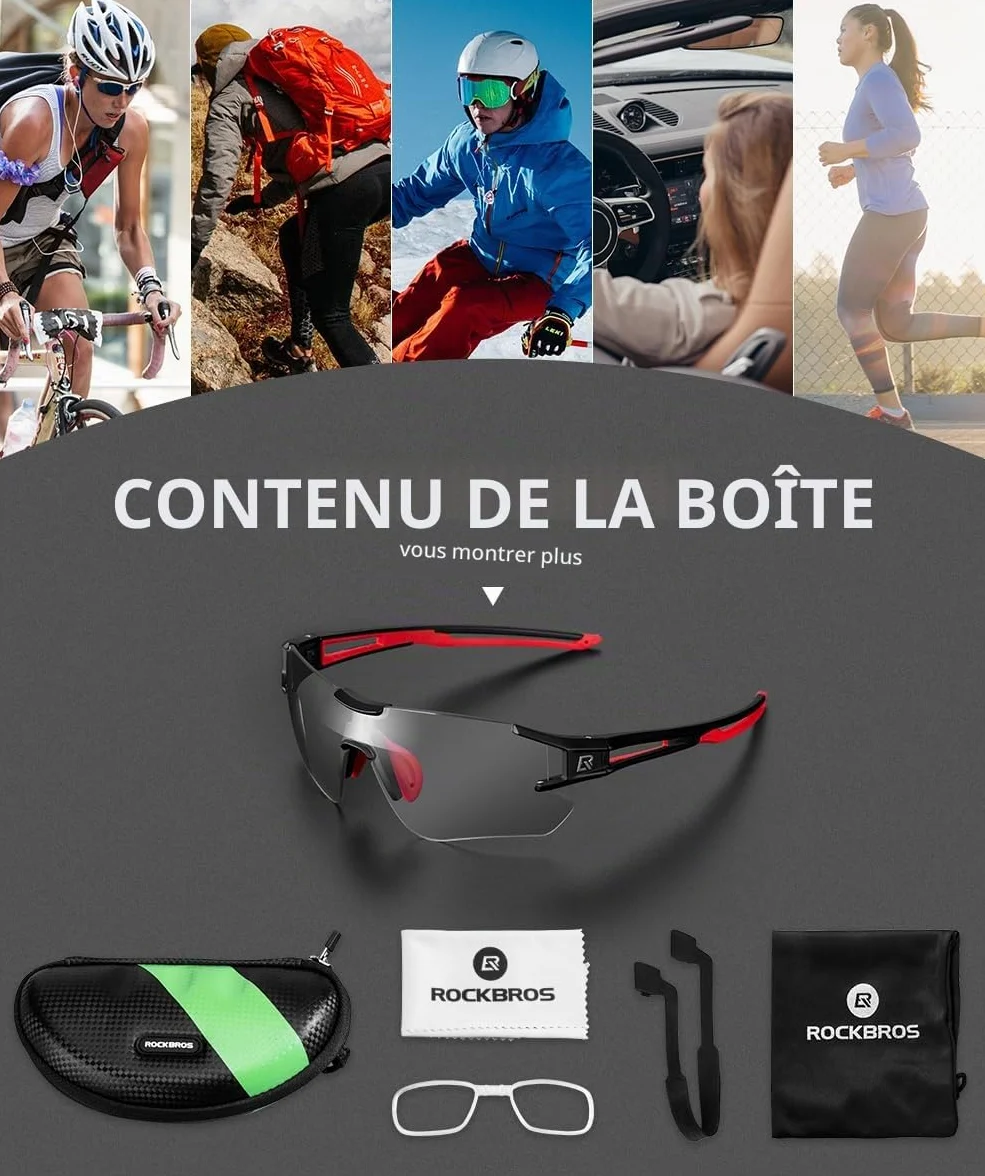 ROCKBROS Lunettes de Soleil Photochromiques Hommes Vélo Cyclisme Demi-Monture Polarisées Sport
