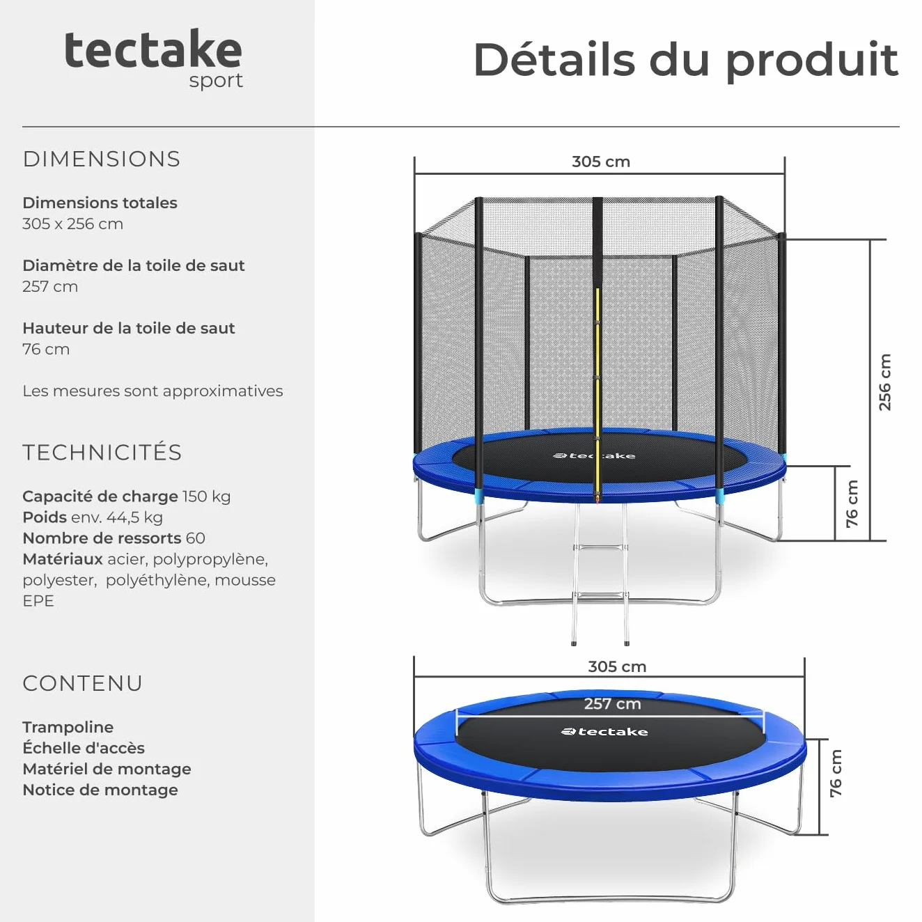 Tectake Trampoline de Jardin Ø 244-457 cm Certifié GS Filet de Sécurité Échelle