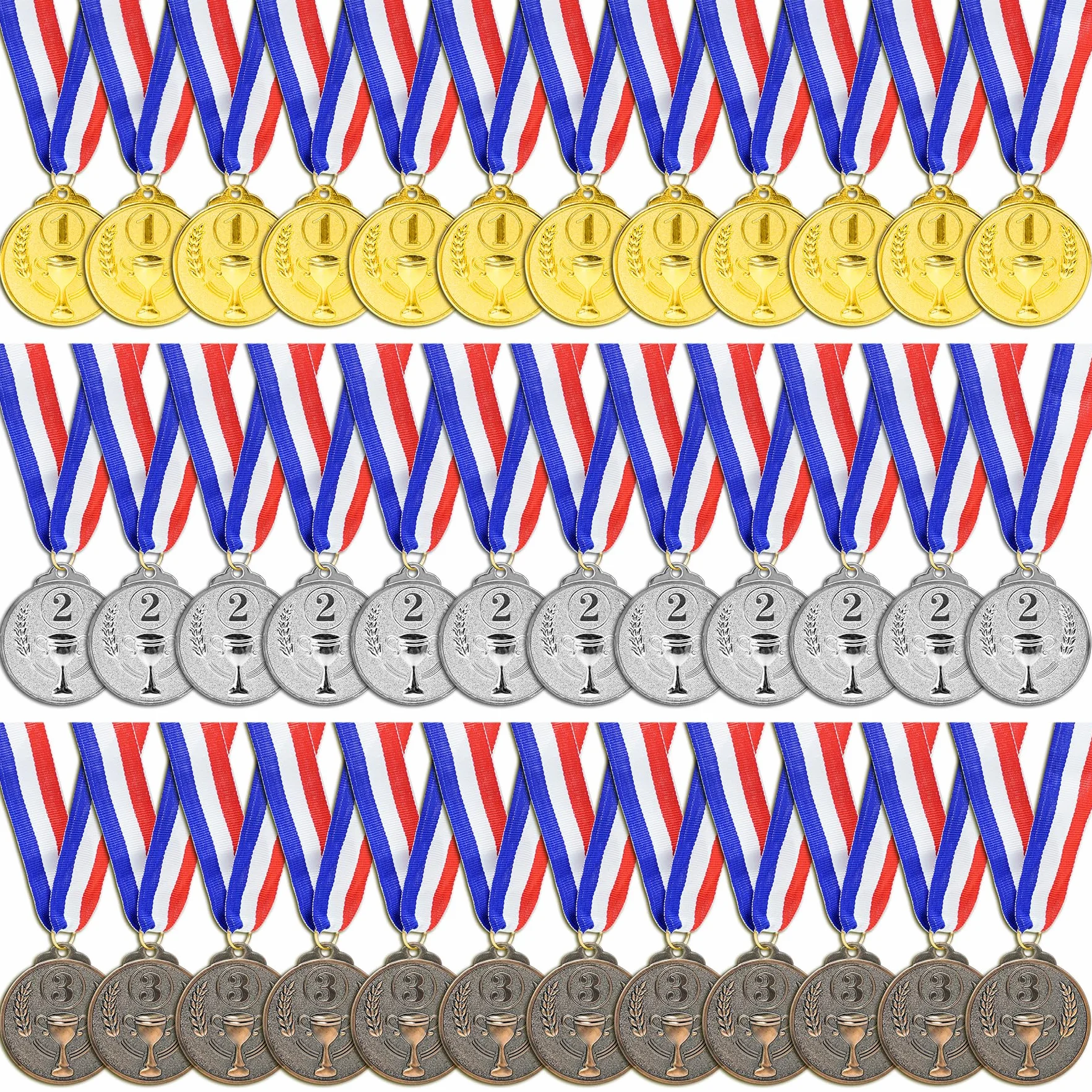 Brelet 36 pcs Medailles d'or Médaille d'argent Médaille de Bronze en Métal avec Rubans de Cou Medaille Foot Anniversaire Ski Travail Sport pour Recompense Sport Day Diamètre env. 5 cm