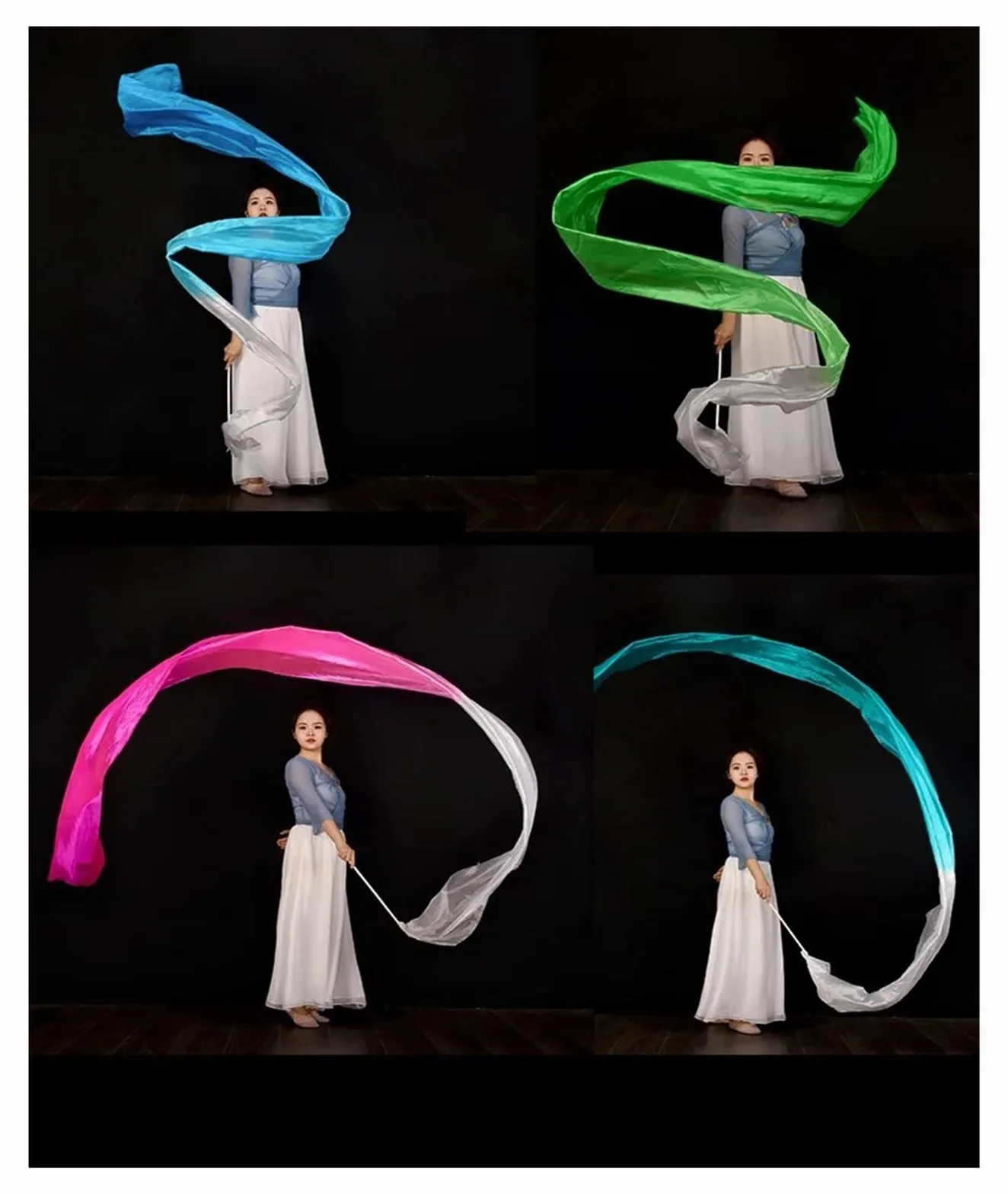 Banderole de Danse en Polyester à Fleurs, Rubans de Gymnastique Rythmique, Bleu Blanc