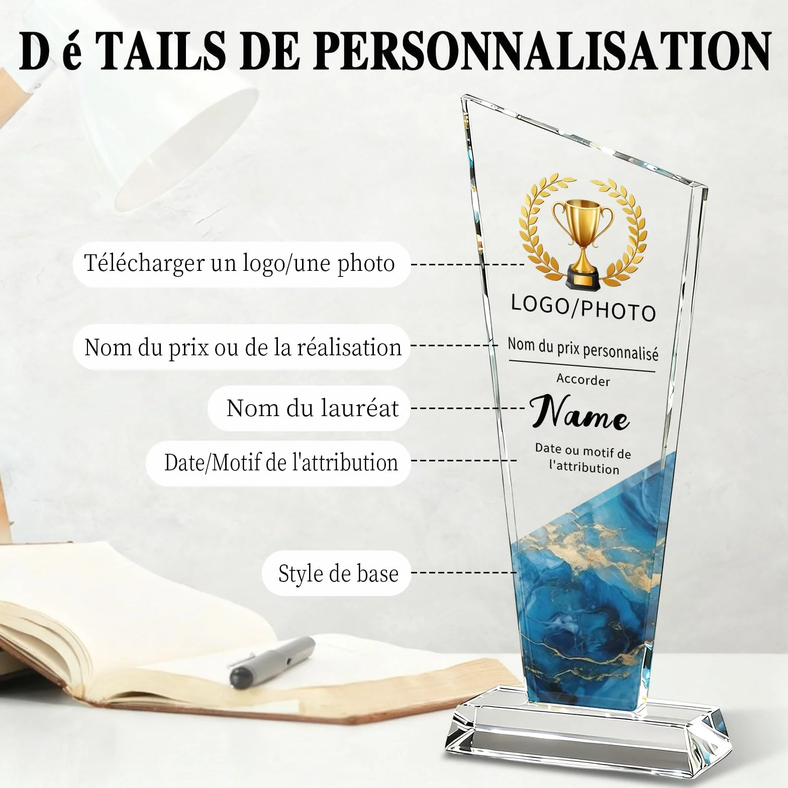 Trophée Personnalisable en Cristal Gravé Logo et Texte Cadeau d'entreprise pour Récompense Employé