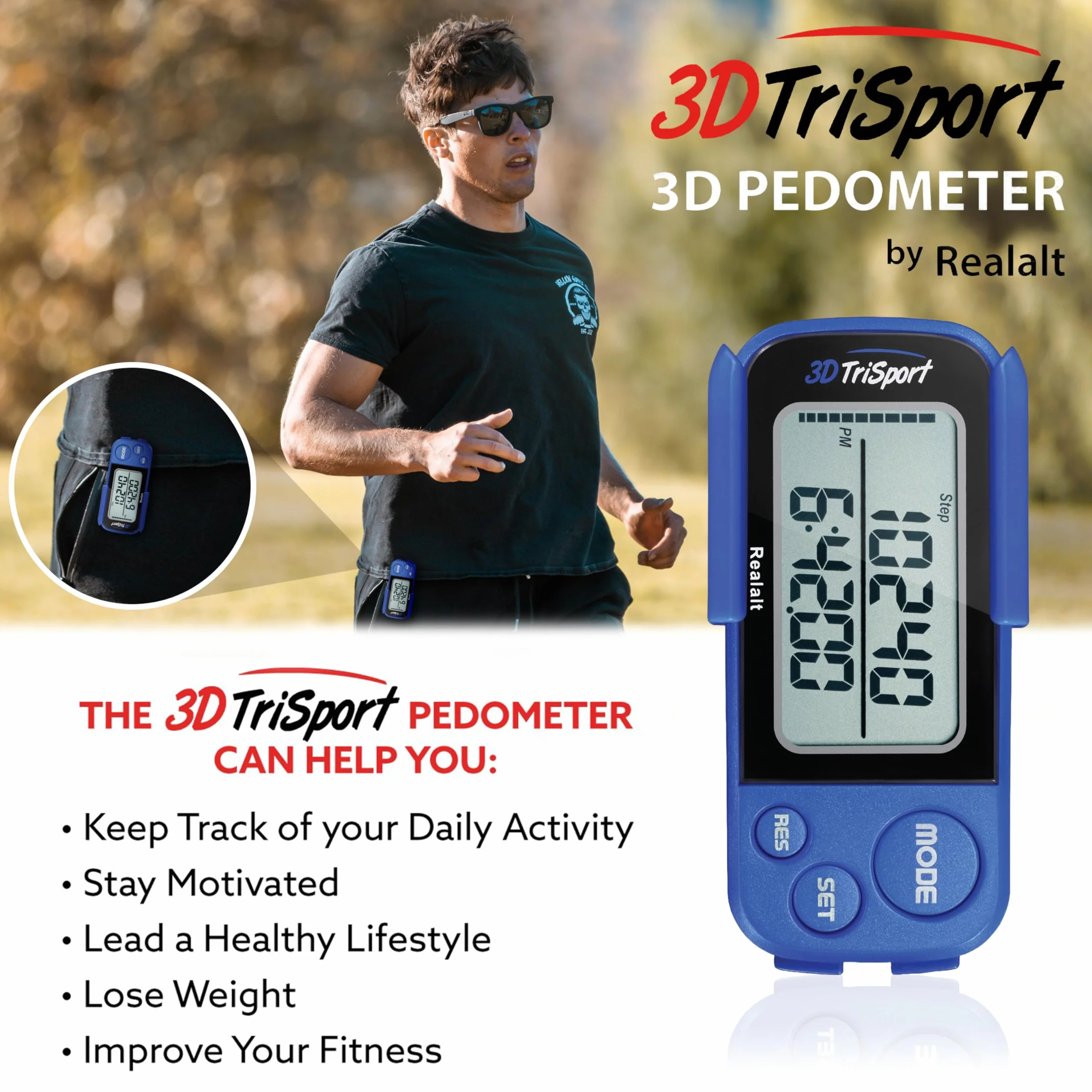 Realalt 3DTriSport Podomètre 3D précis Portable avec Clip et Sangle