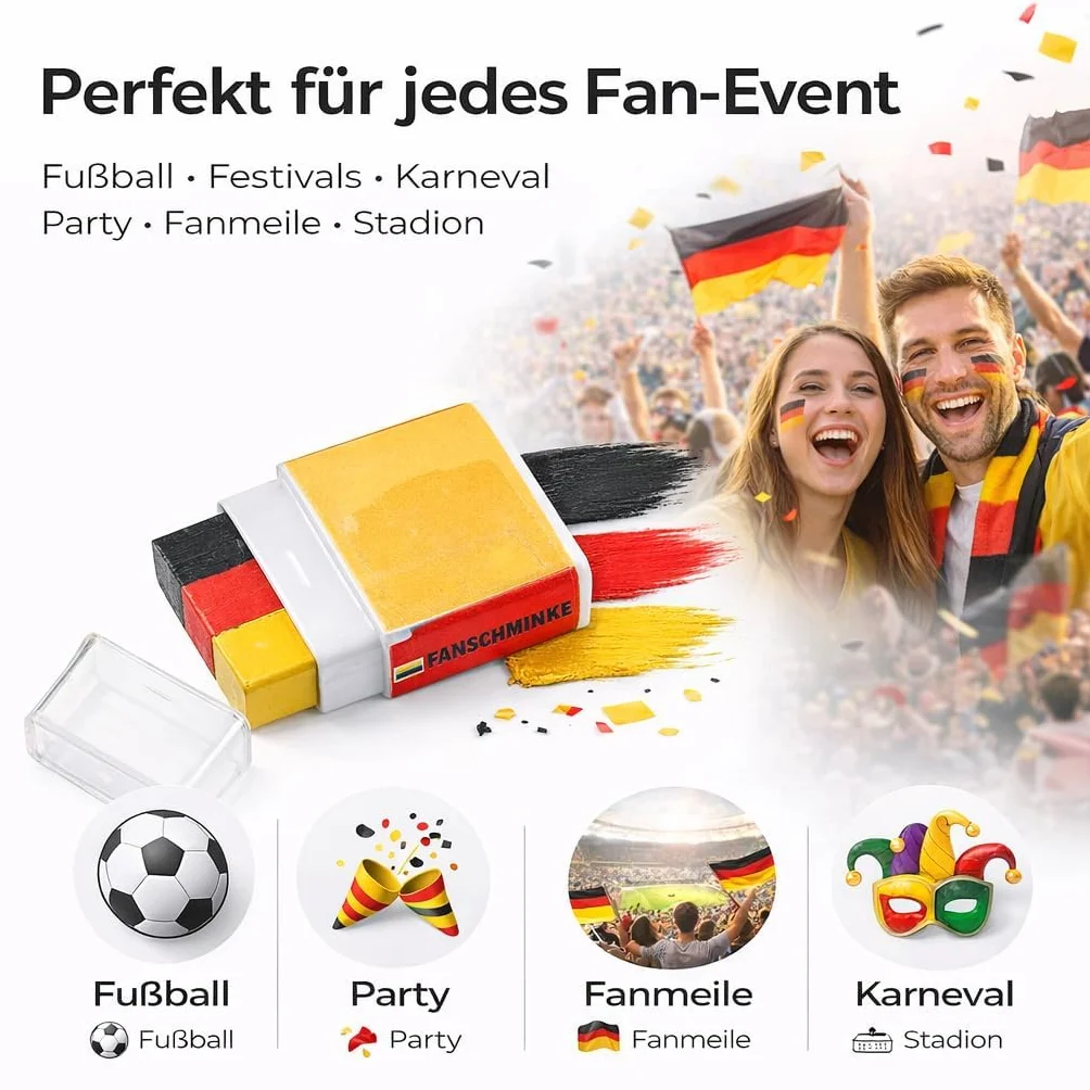 Lot de 3 crayons de maquillage Allemagne - Noir, rouge, jaune (doré) - Décoration fête football Euro 2024