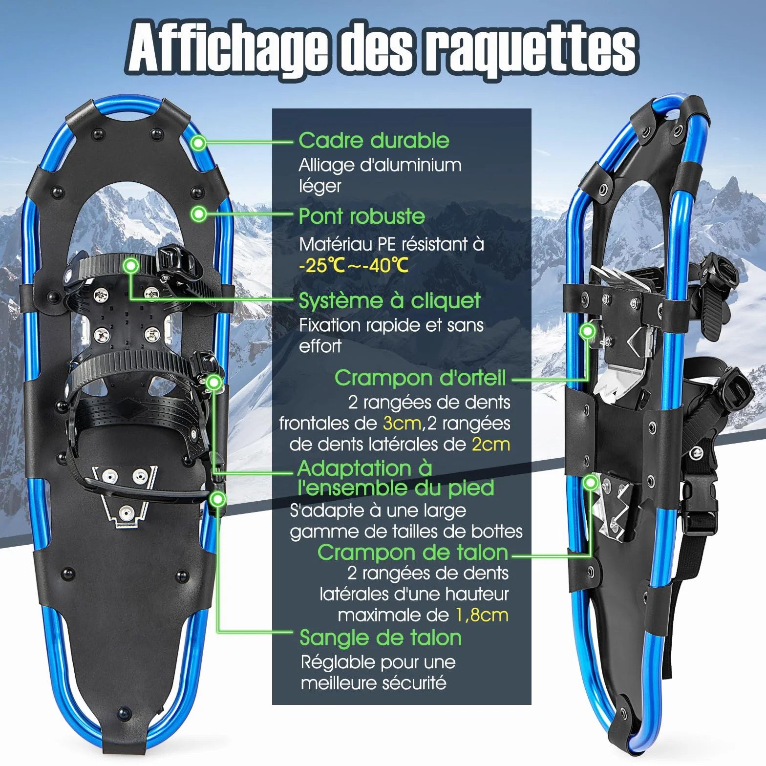 COSTWAY Raquettes à Neige 4 en 1 Aluminium Adultes Pointure 35-45 Charge 30-130kg