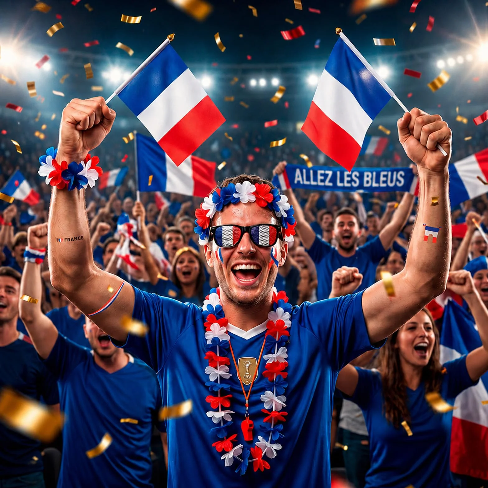 Kit Supporter France 2026 - Accessoires Bleu Blanc Rouge avec Lunettes Drapeau, Sifflet, Drapeaux, Stickers et Lei