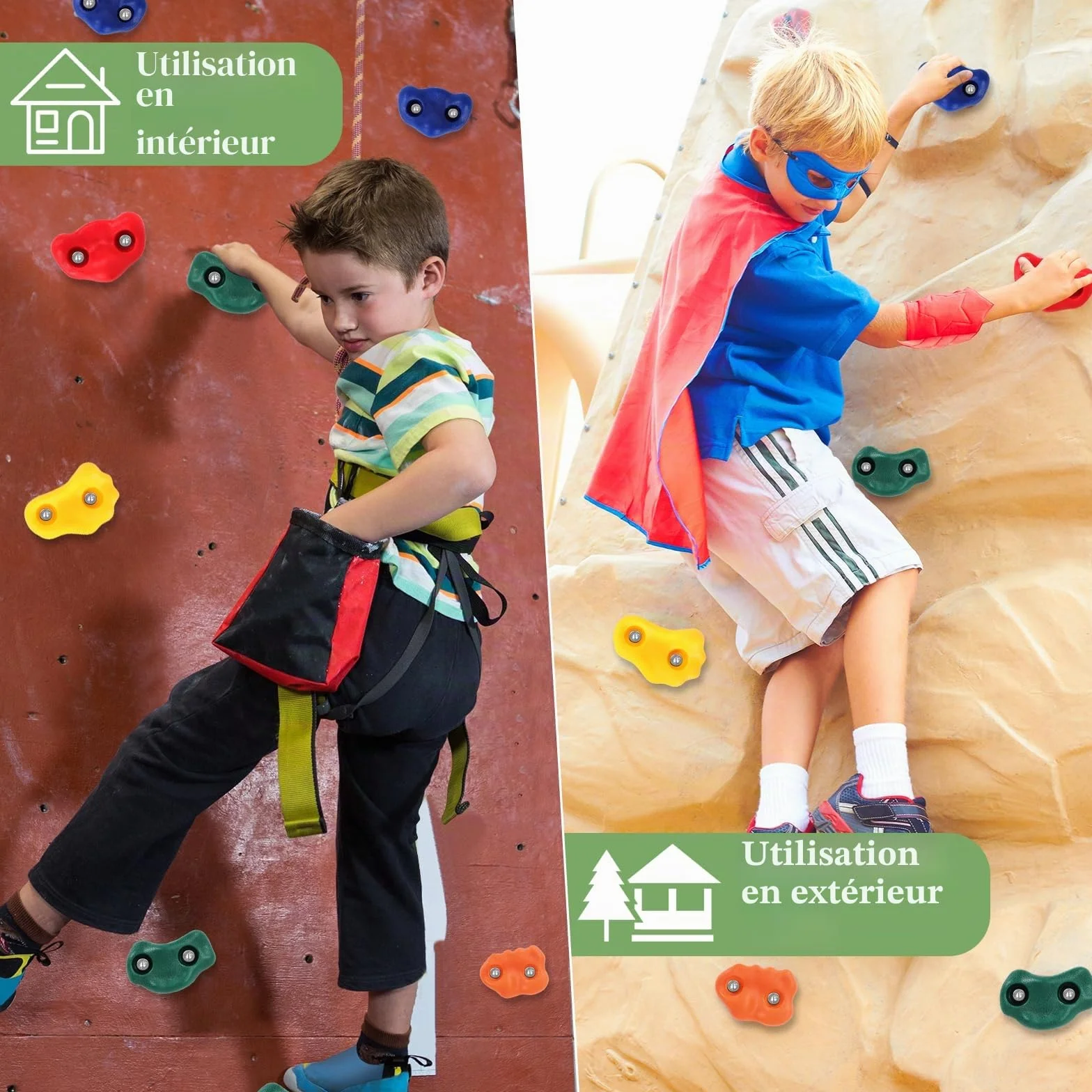 Prise Escalade Enfant Exterieur Mur Escalade avec 270cm Corde Nouee et Poignees Maintien Aire de Jeux