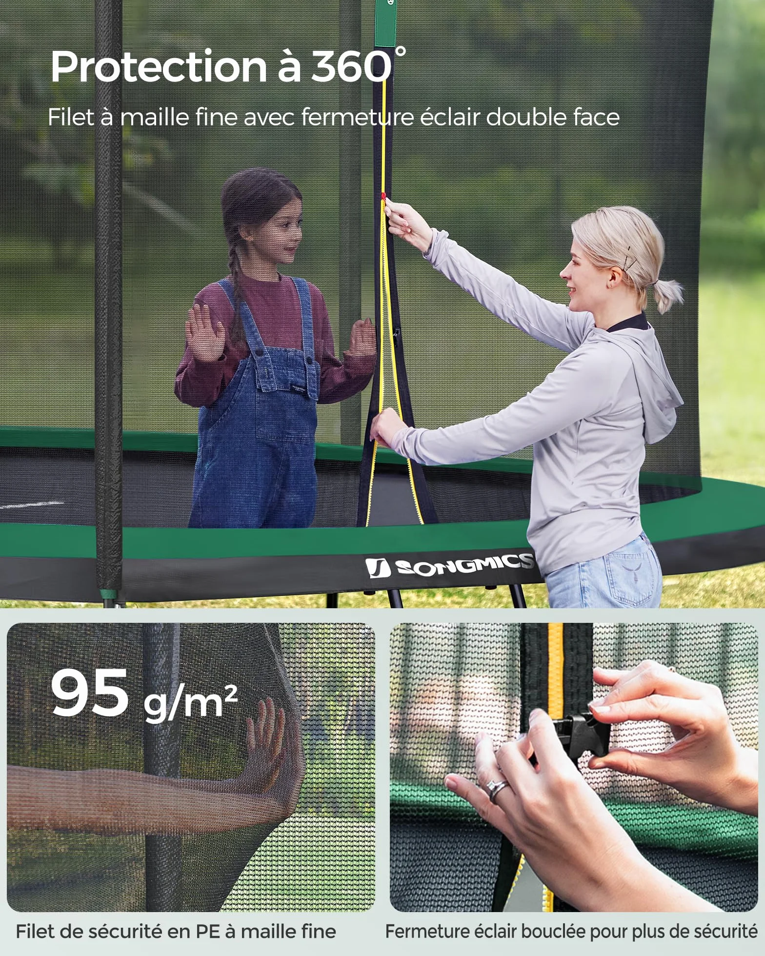 SONGMICS Trampoline pour Enfant avec Filet de Protection, Coussin de Sécurité, Échelle et Cadre en Acier