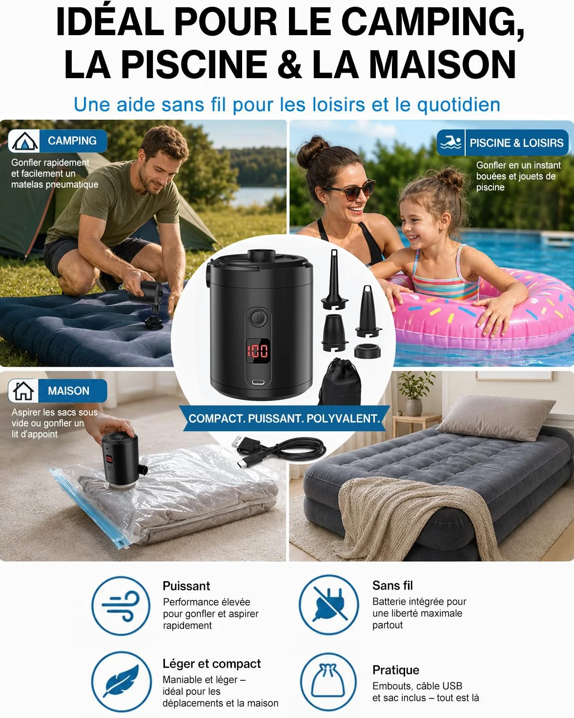 Pompe à Air Électrique Rechargeable 5200 mAh 280 L/Min avec Écran Numérique, Gonfleur Rapide Portable pour Matelas et Piscine