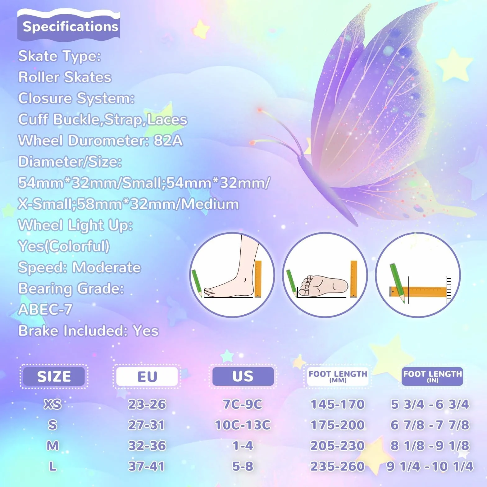 Patins à roulettes réglables filles garçons 4 tailles motif papillon fleur roues lumineuses