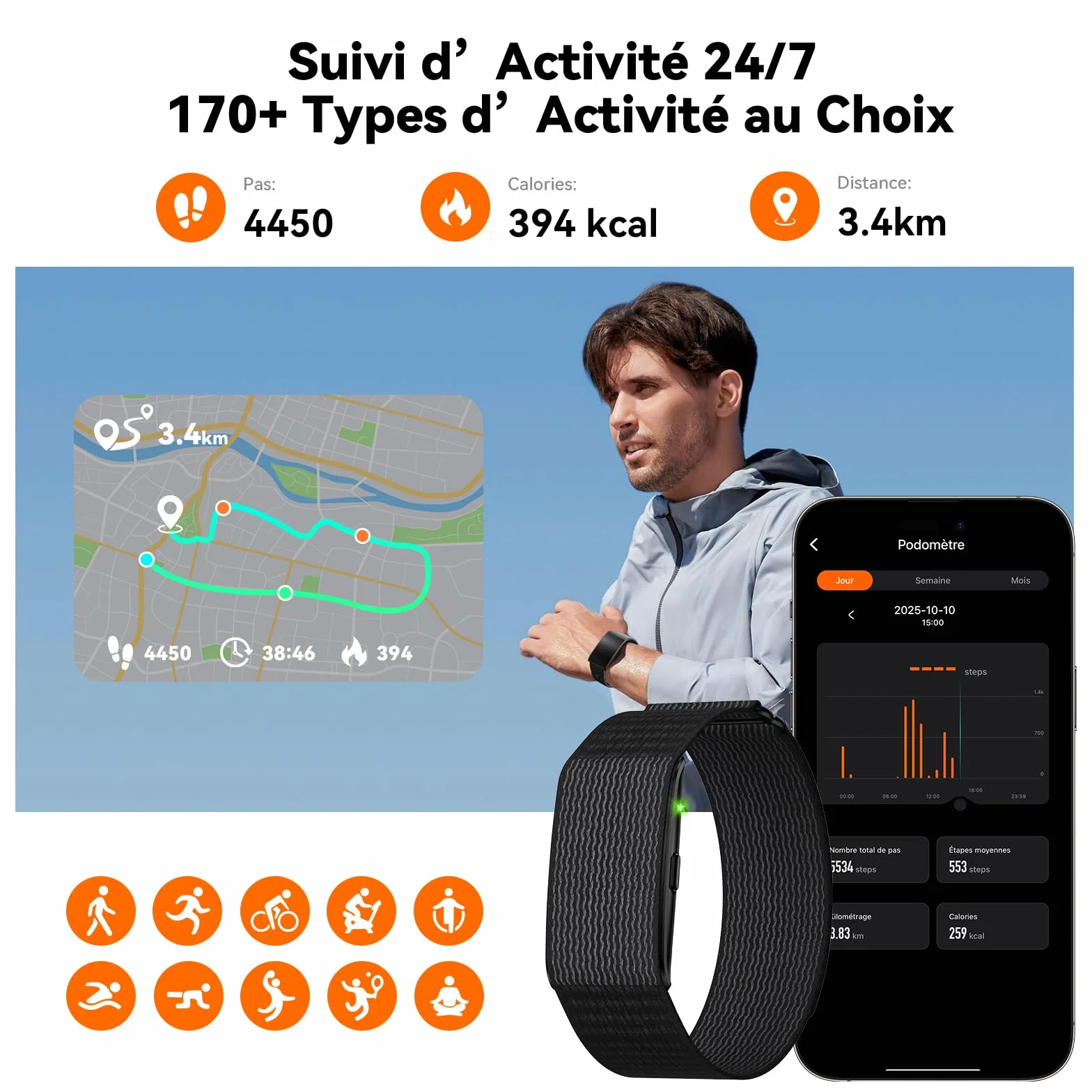 Bracelet Connecté Fitness Tracker 24/7 Suivi Activité Sommeil Fréquence Cardiaque Analyse IA 60 Jours Autonomie 170+ Sports sans Abonnement