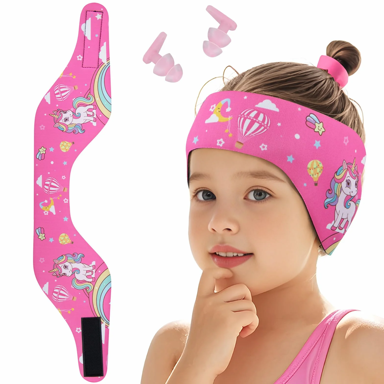 Bandeau de Natation Enfant Élastique avec Bouchons d'Oreille Protection Rose Bonbon L