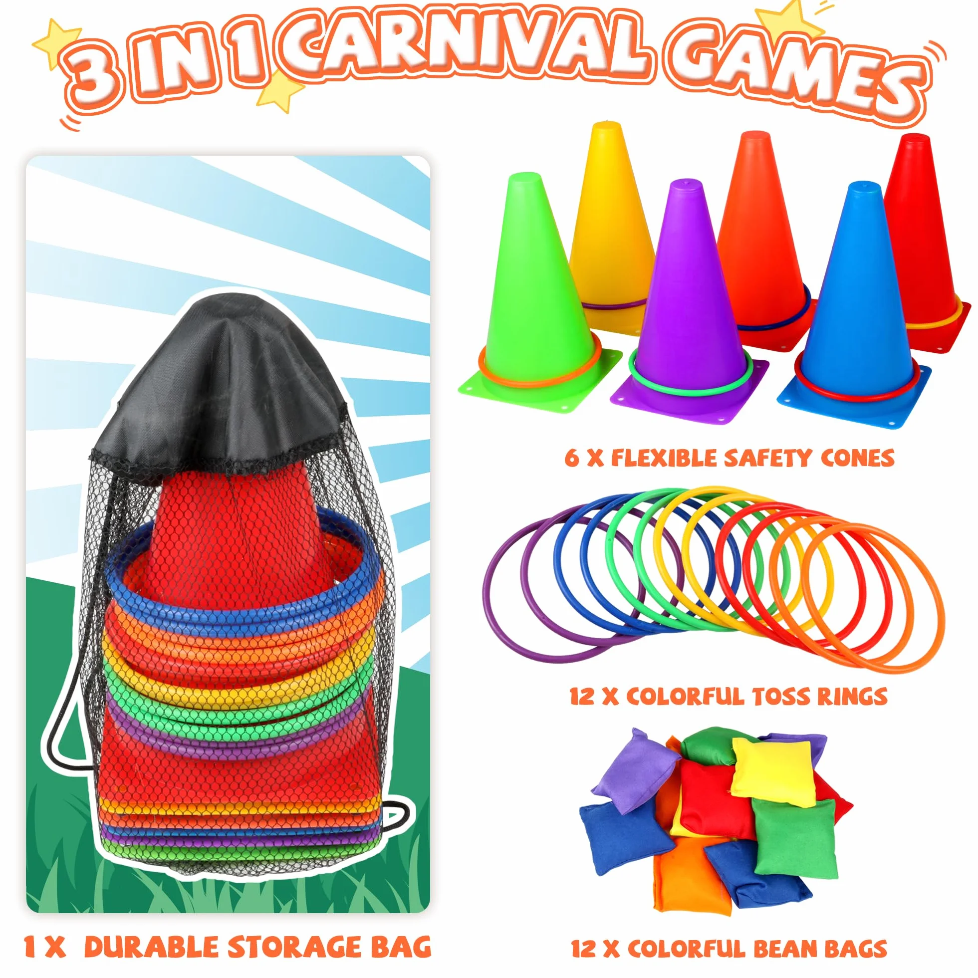 Jeux de Carnaval en Plein Air 31 Pièces, Lancer de Sacs de Haricots 3 en 1, Cônes en Plastique Souples pour Enfants