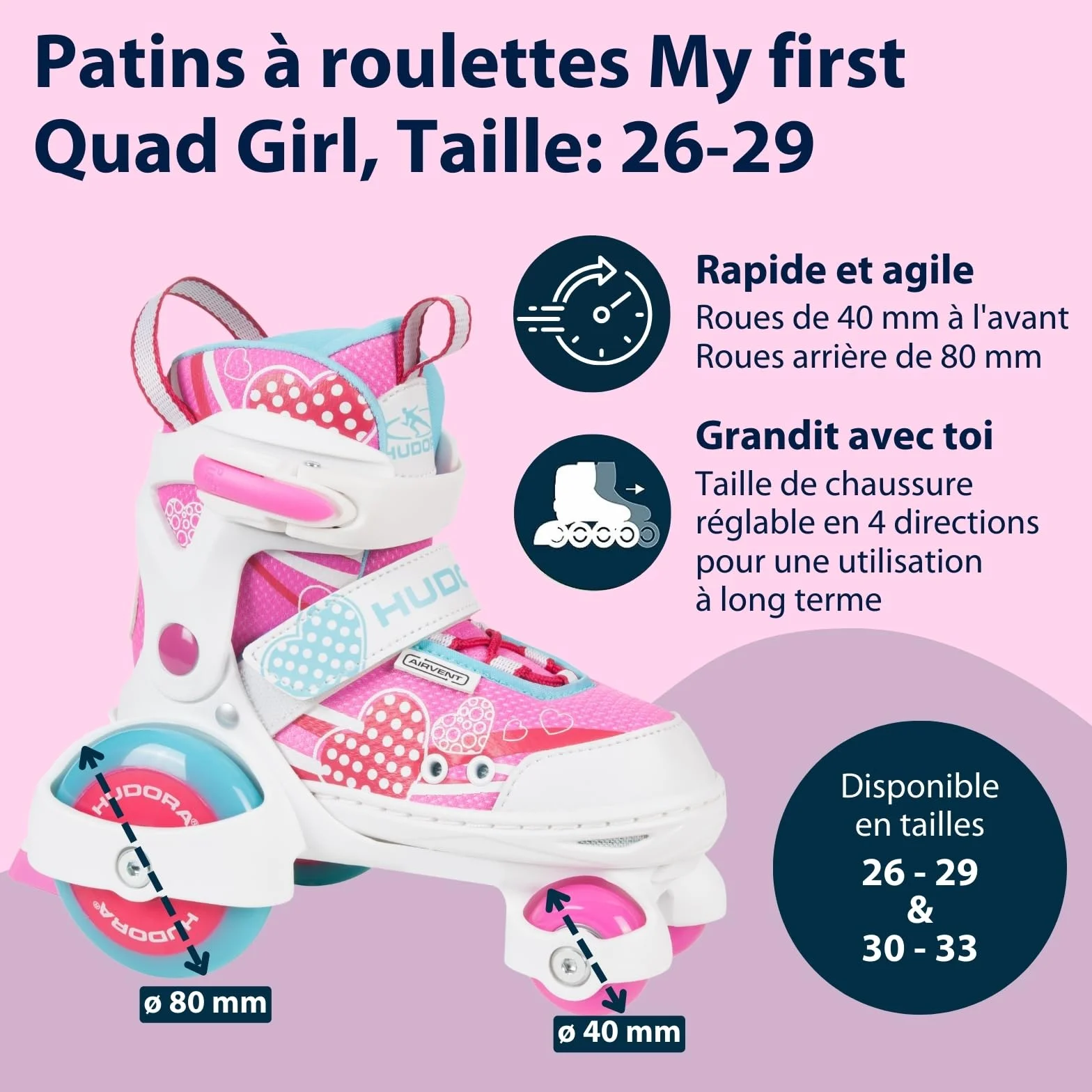 HUDORA Patins à roulettes My First Quad Taille réglable Enfants 20kg Grandes Roues