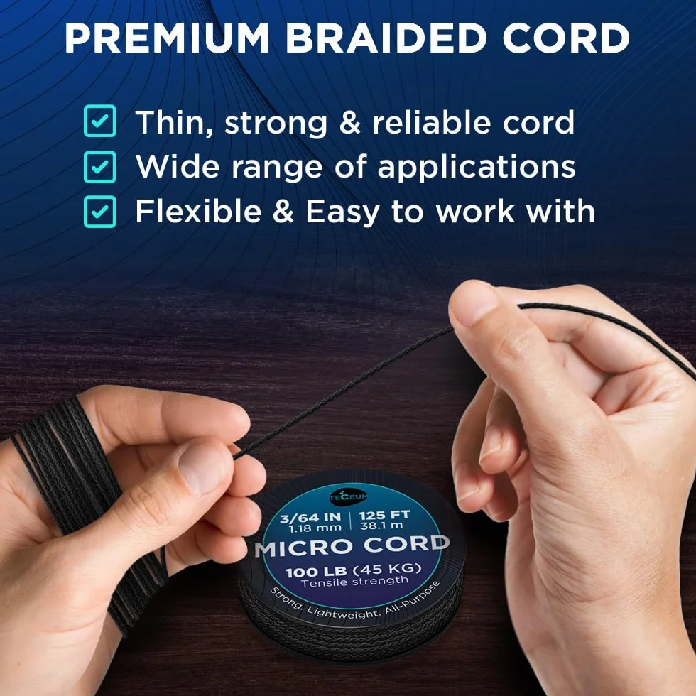 TECEUM Micro Paracord Noir 1.18 mm x 38.1 m Corde Utilitaire Tressée Nylon Polyester Fil Survie Solide