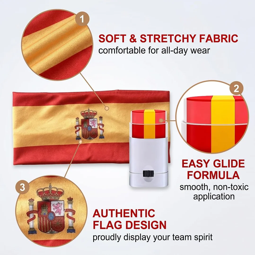 Lot de 2 Bandeau Élastique et Stick Maquillage Drapeau Espagnol Rouge Jaune Accessoire Supporteur Carnaval