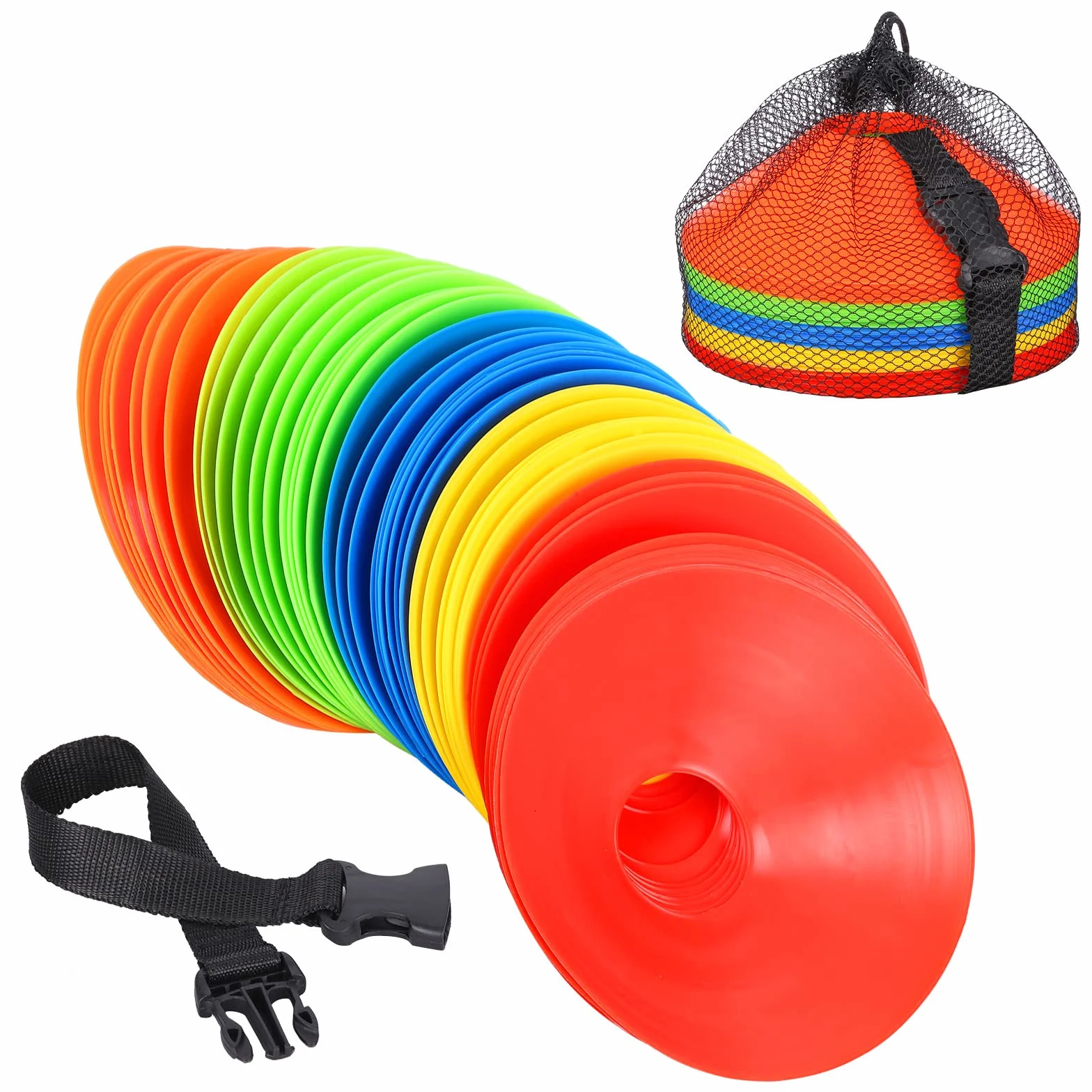 Plots Entrainement Football Cône Marquage 50 Pcs avec Sangle Boucle Fixe Poche Filet 5 Couleurs
