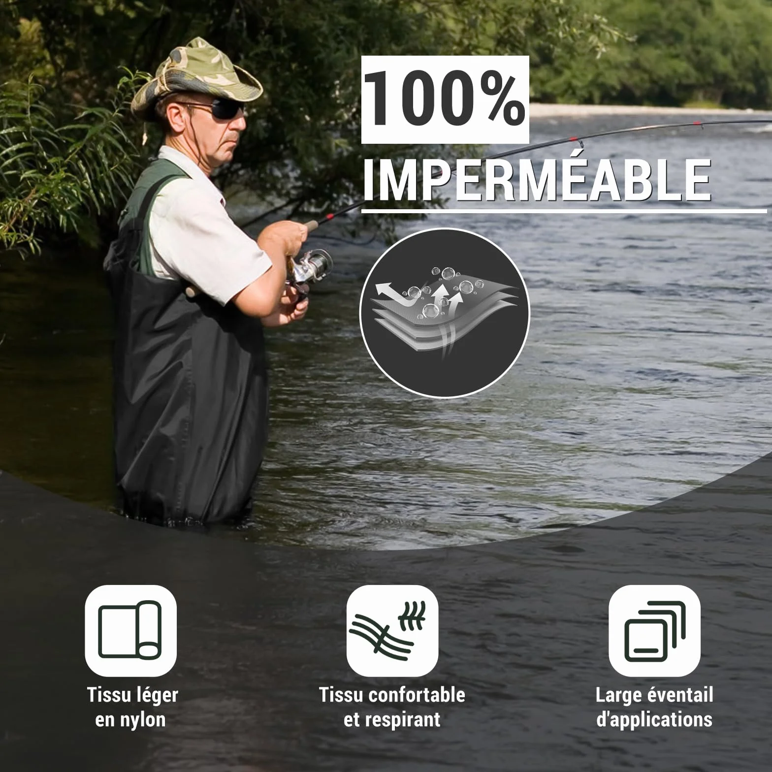 IEEILULU Waders Pêche Homme Pantalons avec Poche Poitrine Nylon Bottes 40-47 Antidérapants