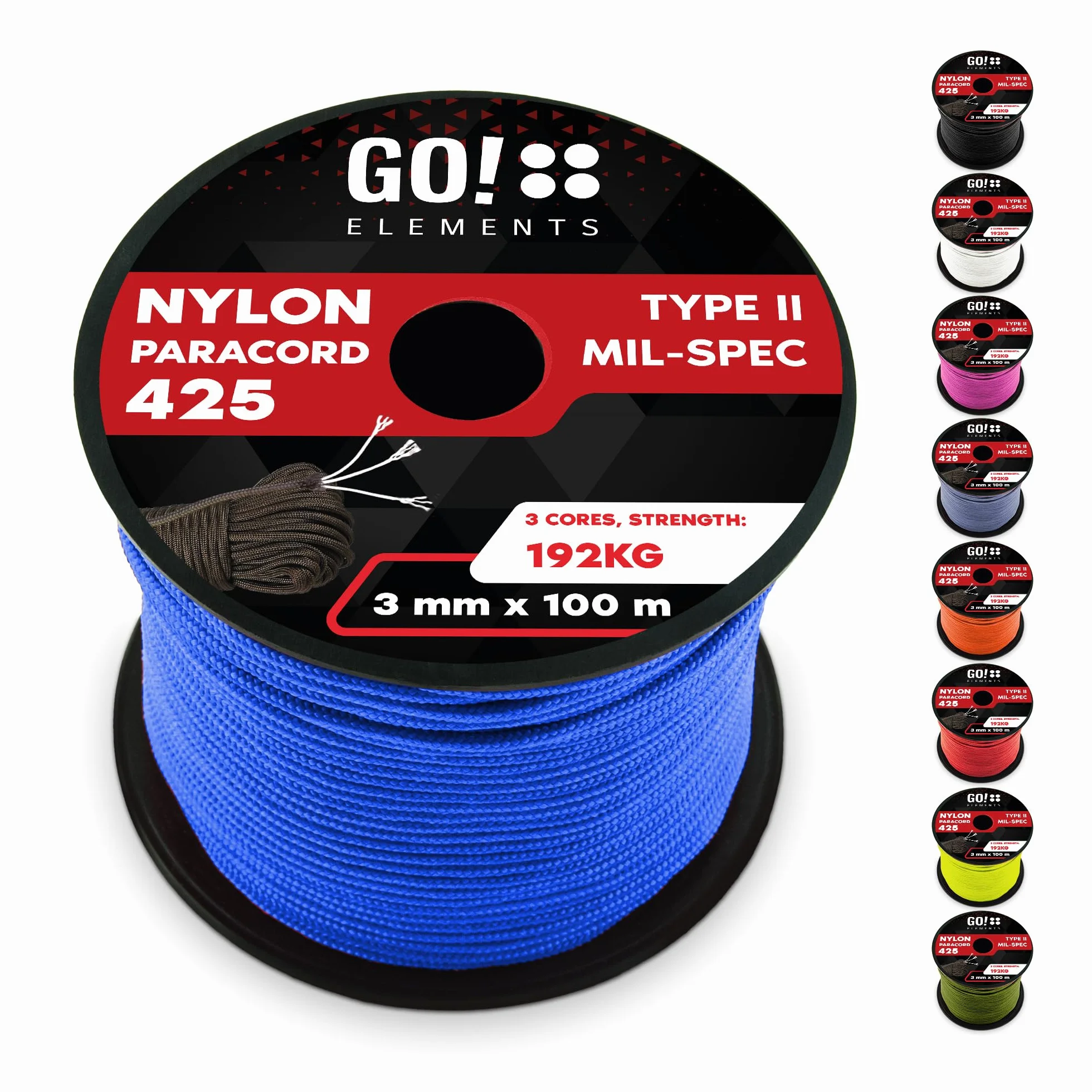 GO!elements Paracorde Nylon indéchirable 3mm Type II 425, Ligne Survie extérieure, Charge Max 192kg