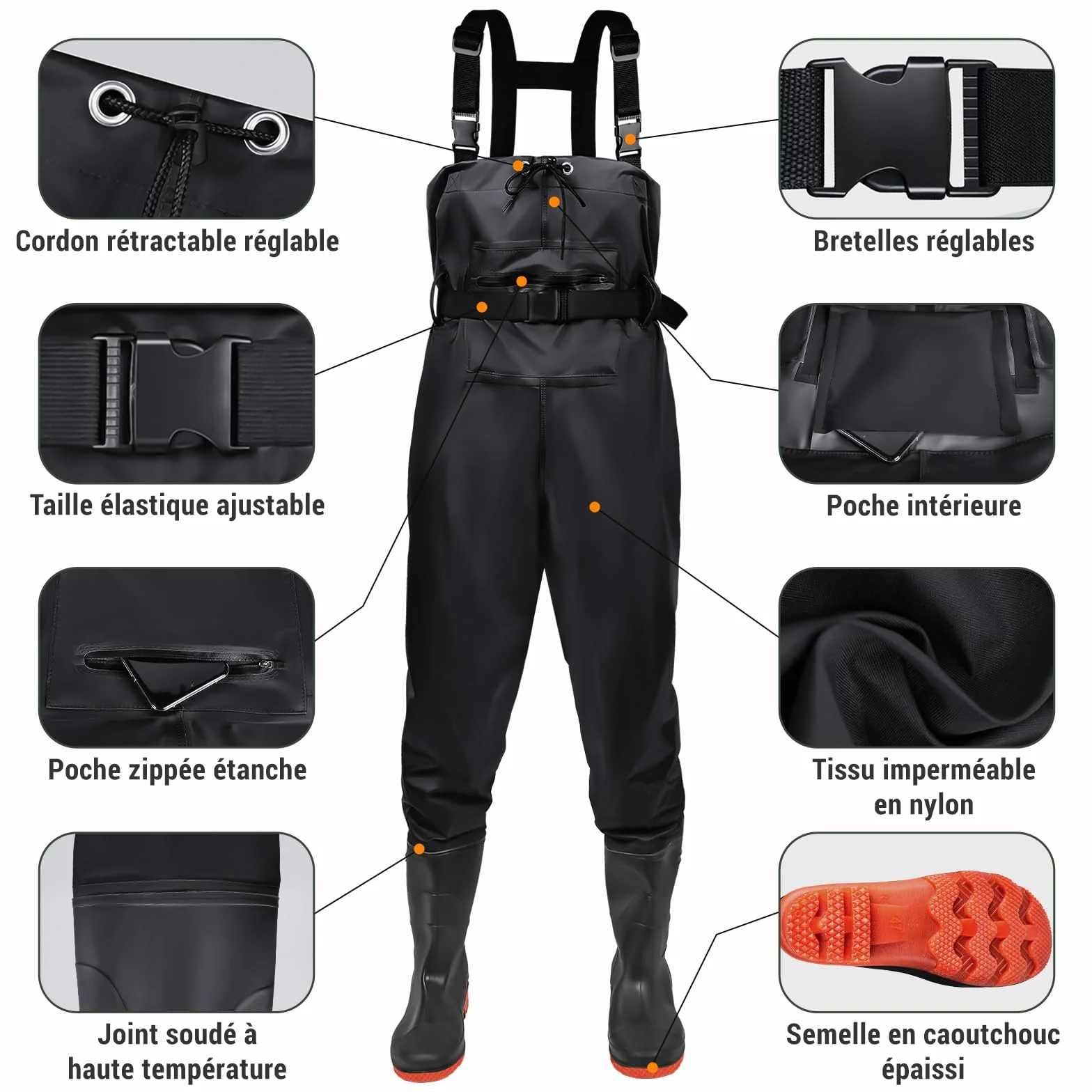 IEEILULU Waders Pêche Homme Pantalons avec Poche Poitrine Nylon Bottes 40-47 Antidérapants