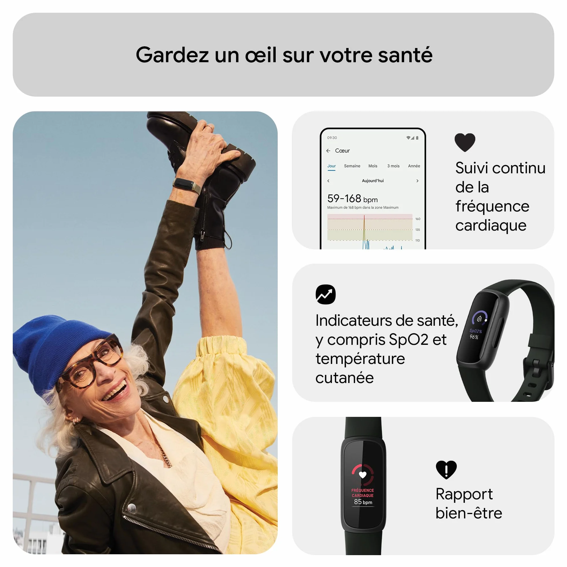 Google Fitbit Inspire 3 Bracelet d’activité sport et santé, 10 jours d’autonomie, compatible Android iOS, Parme