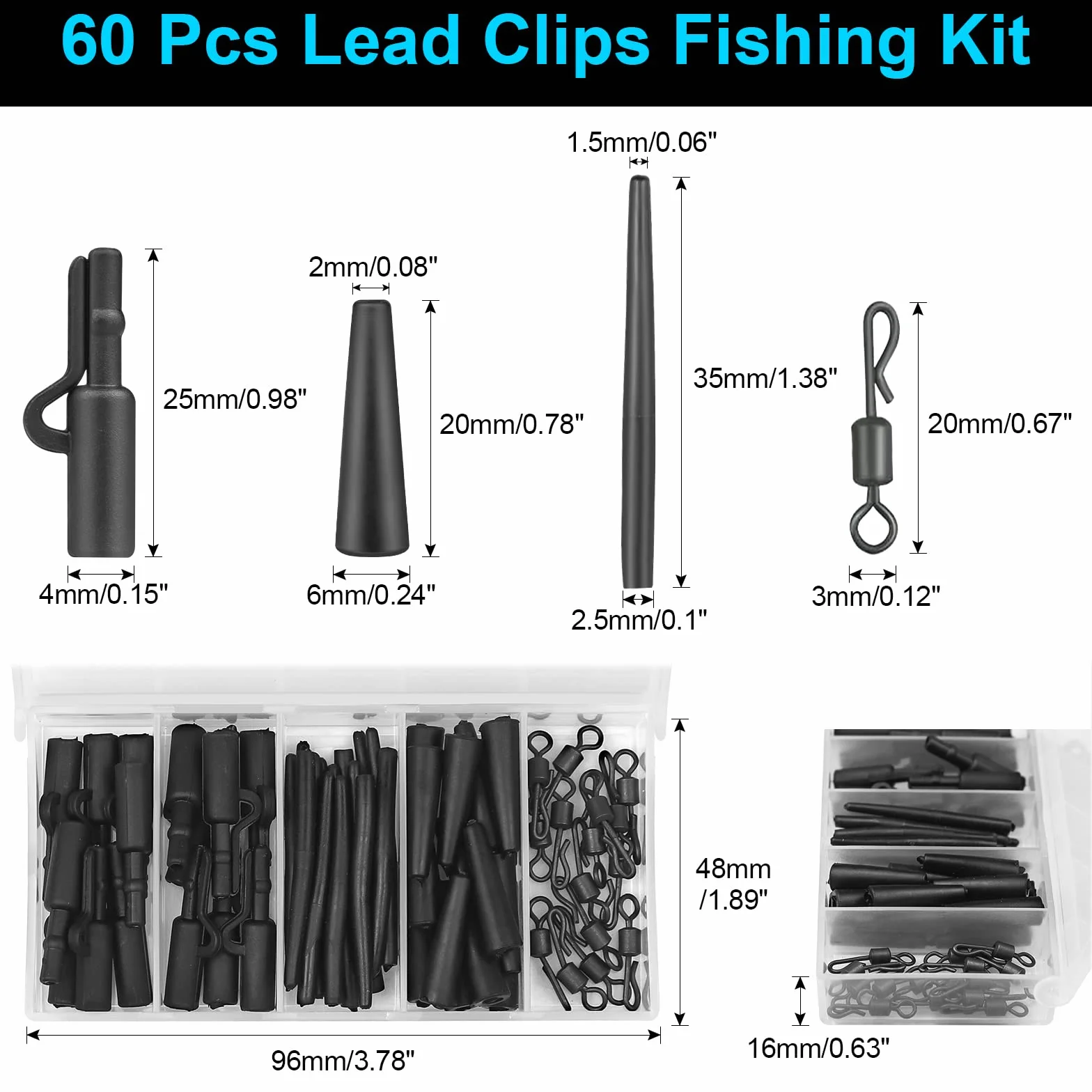 Realure 60 Pcs Clip Plomb Carpe, Anti-enchevêtrement avec Manchons Caoutchouc et émerillons Rapide (Noir)