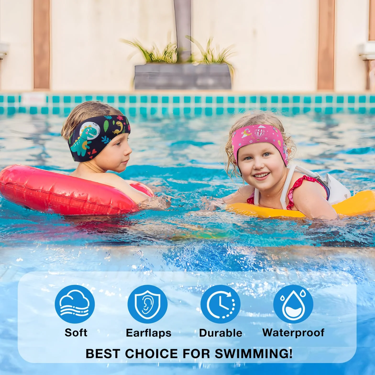 Bandeau de Natation Enfant Élastique avec Bouchons d'Oreille Protection Rose Bonbon L