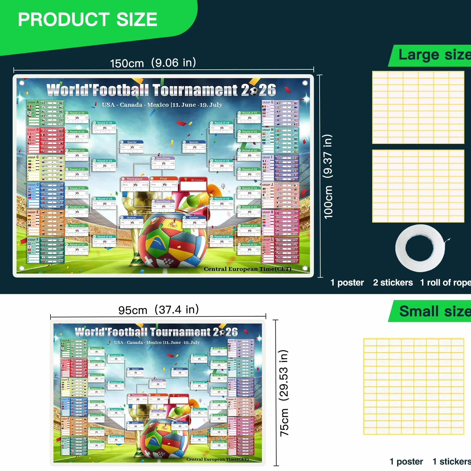 Poster Calendrier Coupe du Monde 2026 95x75 cm Affiche Football Match Decoration