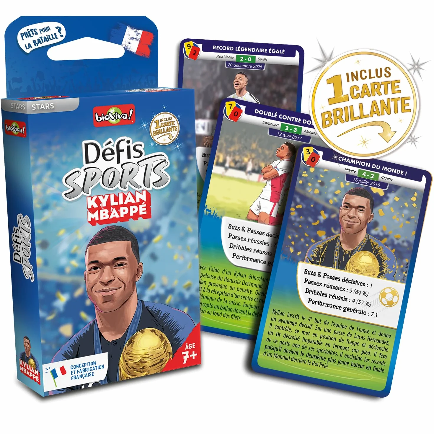 Bioviva Défis Sports Kylian Mbappé Jeu de Cartes Enfant Bataille Thème Foot 7 Ans 2-6 Joueurs Fabriqué en France