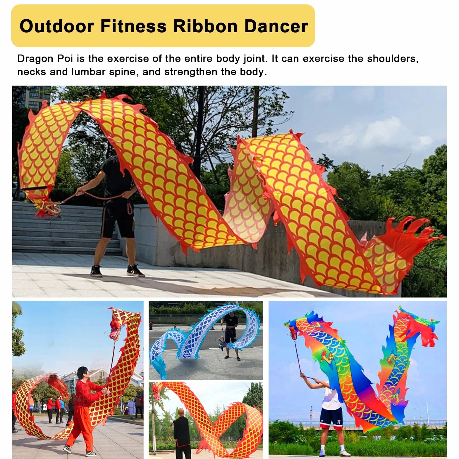 Ruban de danse du dragon chinois Poi, banderole de sport fitness extérieur, jeu léger rythmique 10 m